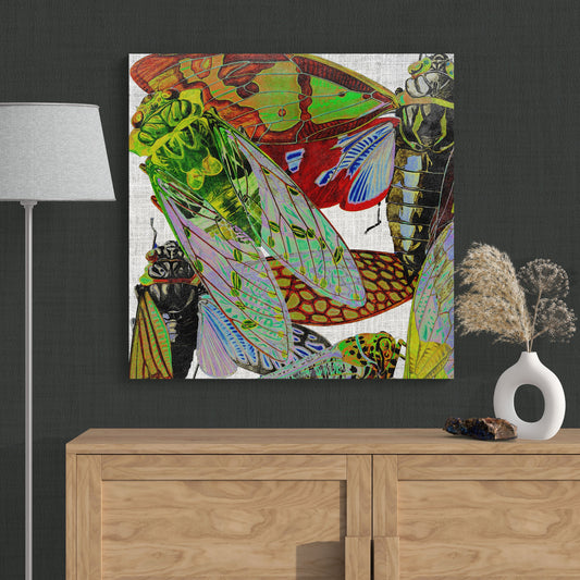 Abstract Insects Cicada Collage 2 - Colorful Nature Canvas Wall Art - Retro Reverence