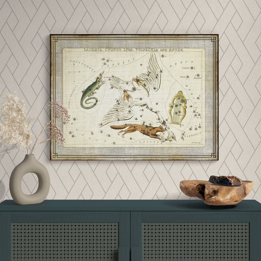 Lacerta, Cygnus, Lyra, Vulpecula & Anser Antique Illustration Star Constellation Wall Art - Retro Reverence