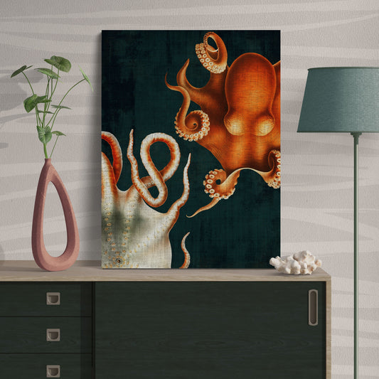 Orange Octopus Collage Vintage Deep Sea Ocean Wall Art - Retro Reverence