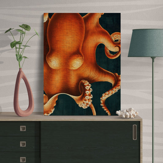Orange Octopus Vintage Deep Sea Ocean Wall Art - Retro Reverence