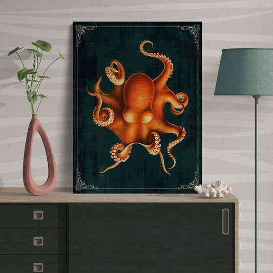 Orange Octopus Vintage Deep Sea Ocean Wall Art - Retro Reverence