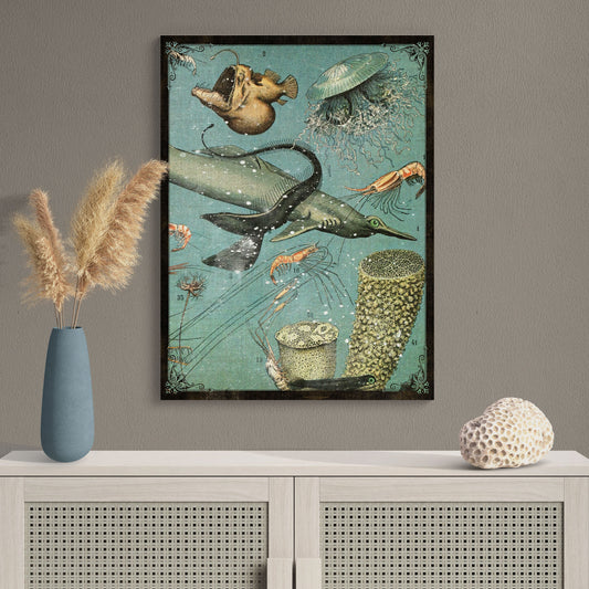 Sea Life Underwater Scene 2D Natural History Illustration Ocean Wall Art - Retro Reverence
