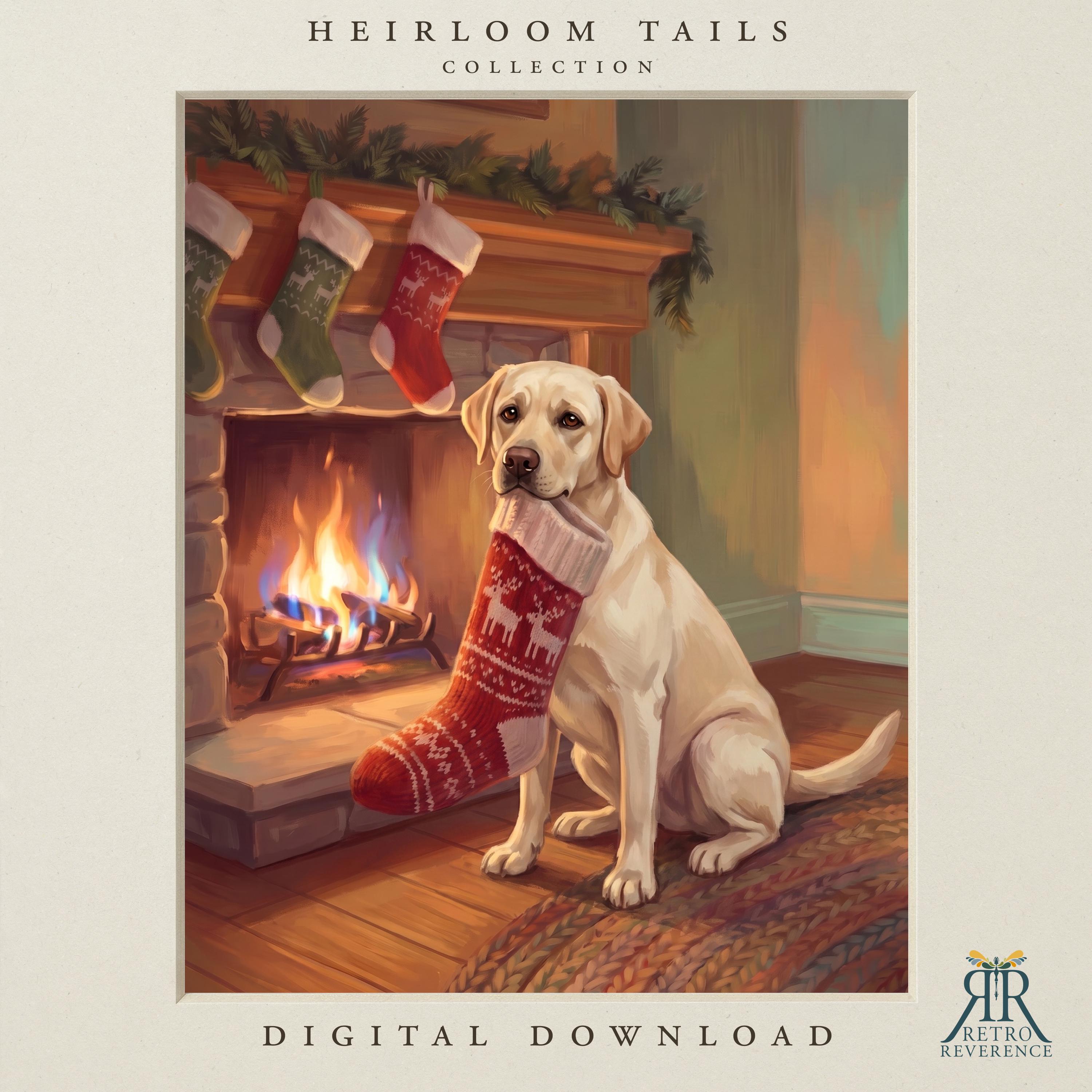 Custom dog portrait of a yellow Labrador holding a red knitted Christmas stocking in its mouth beside a lit fireplace and hung stockings