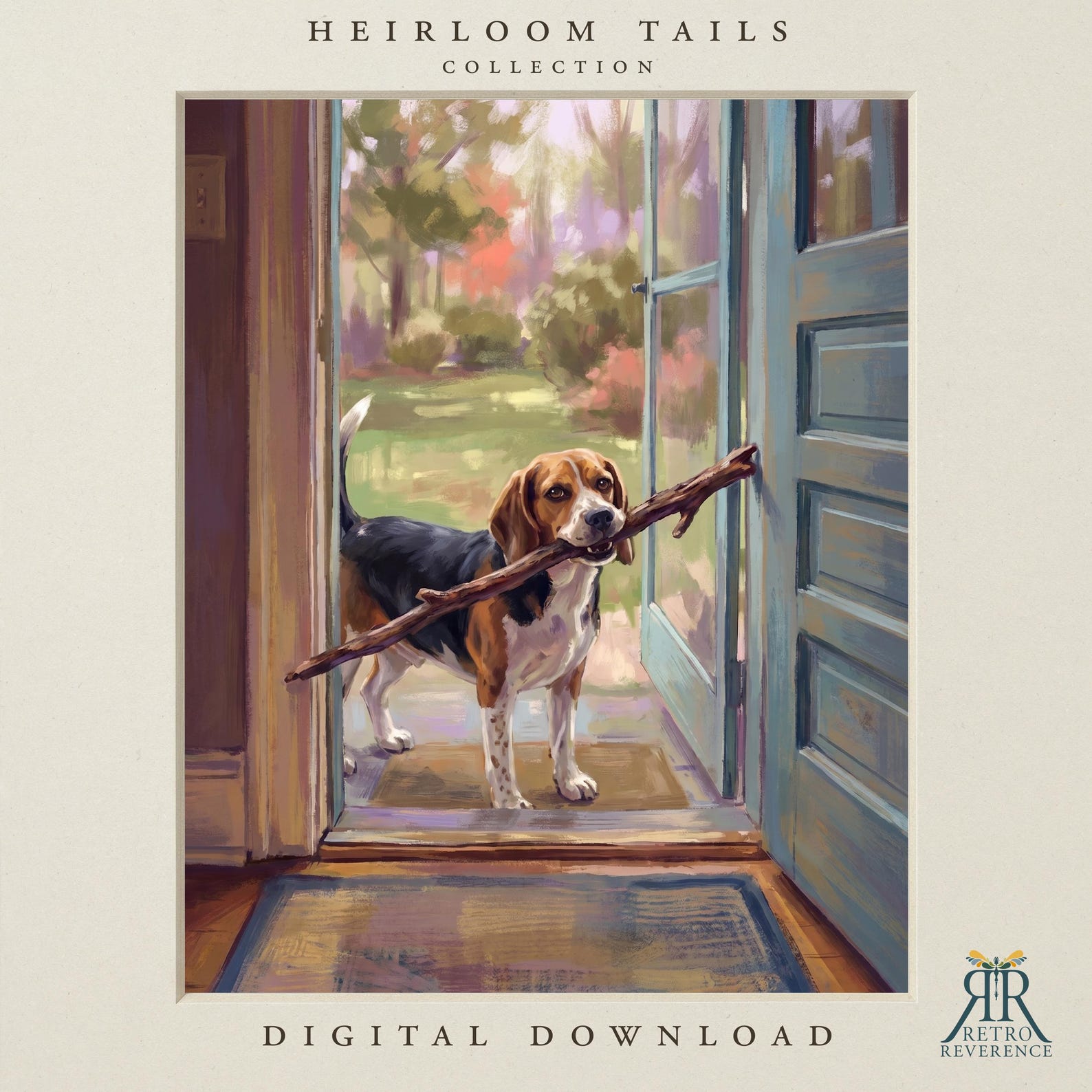 Custom dog portrait of a proud dog carrying an oversized stick toward a doorway on a grassy lawn