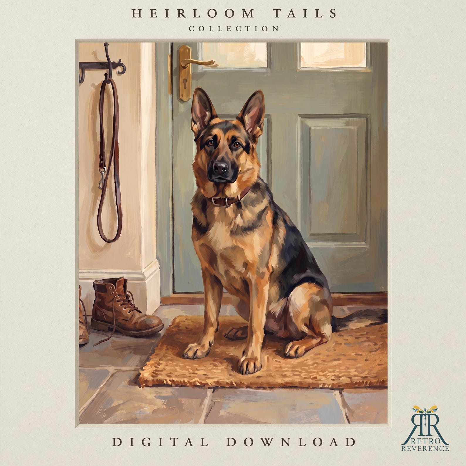 Memorial dog portrait of a dog waiting by the door beside a hanging leash in a vintage entryway