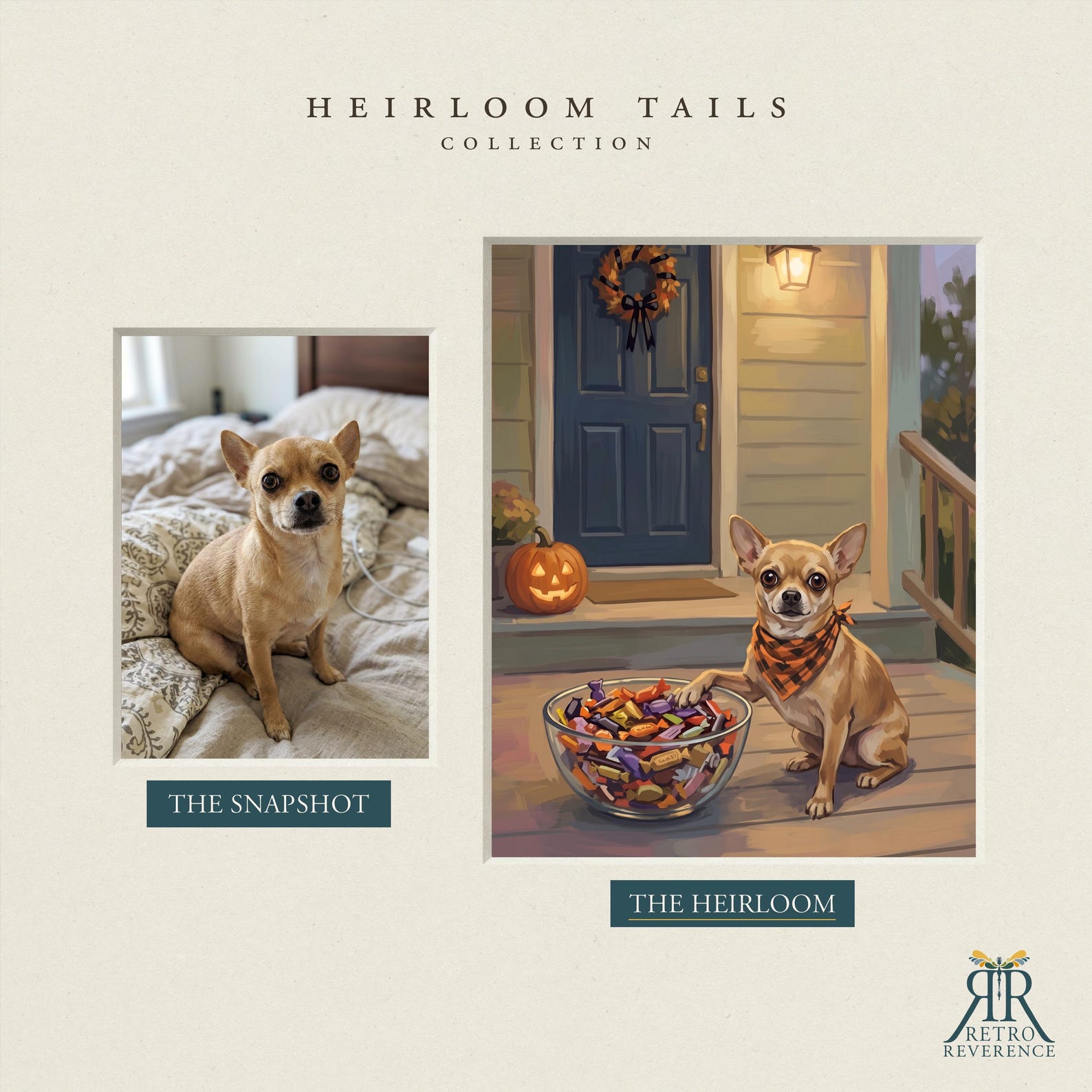 Before and after: a chihuahua's customer photo transformed into a custom dog portrait in the Heirloom Halloween porch scene.