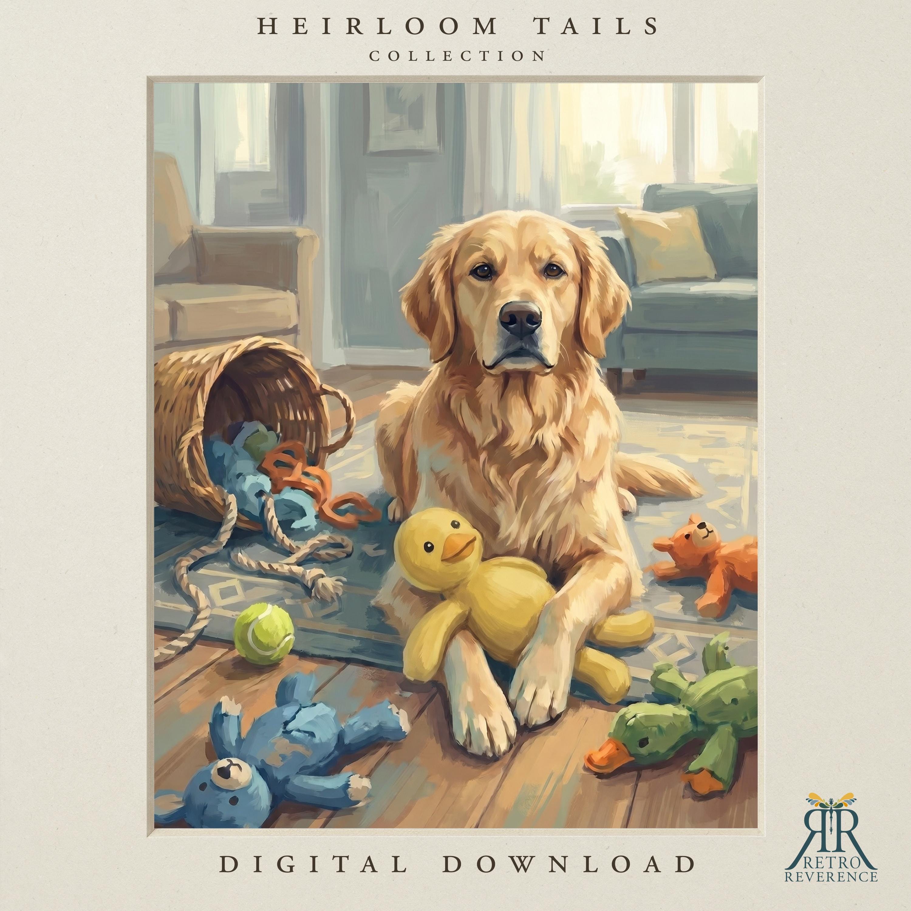 Custom dog portrait of a golden retriever lying among scattered plush toys and an overturned toy basket in a sunlit nursery