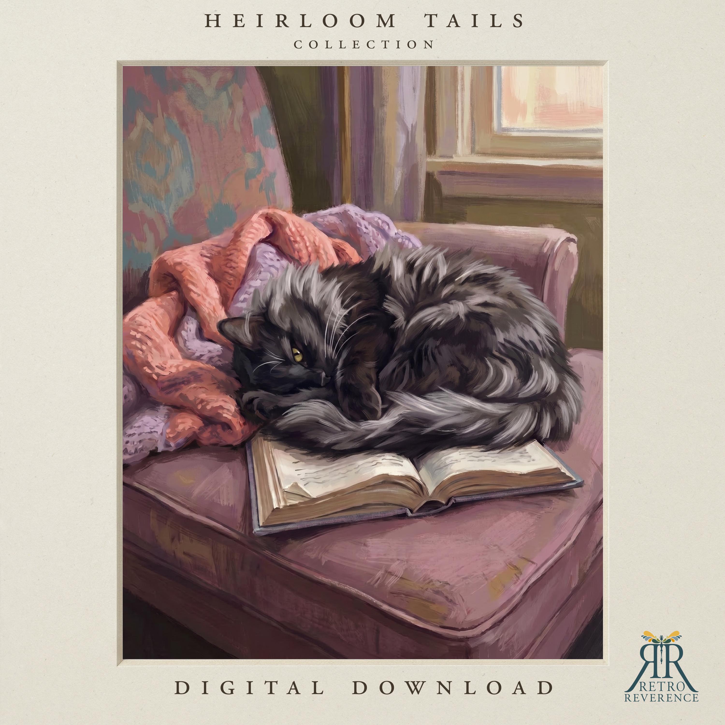 Custom cat portrait of a fluffy black cat curled on a rose velvet chaise beside an open book and a knitted throw
