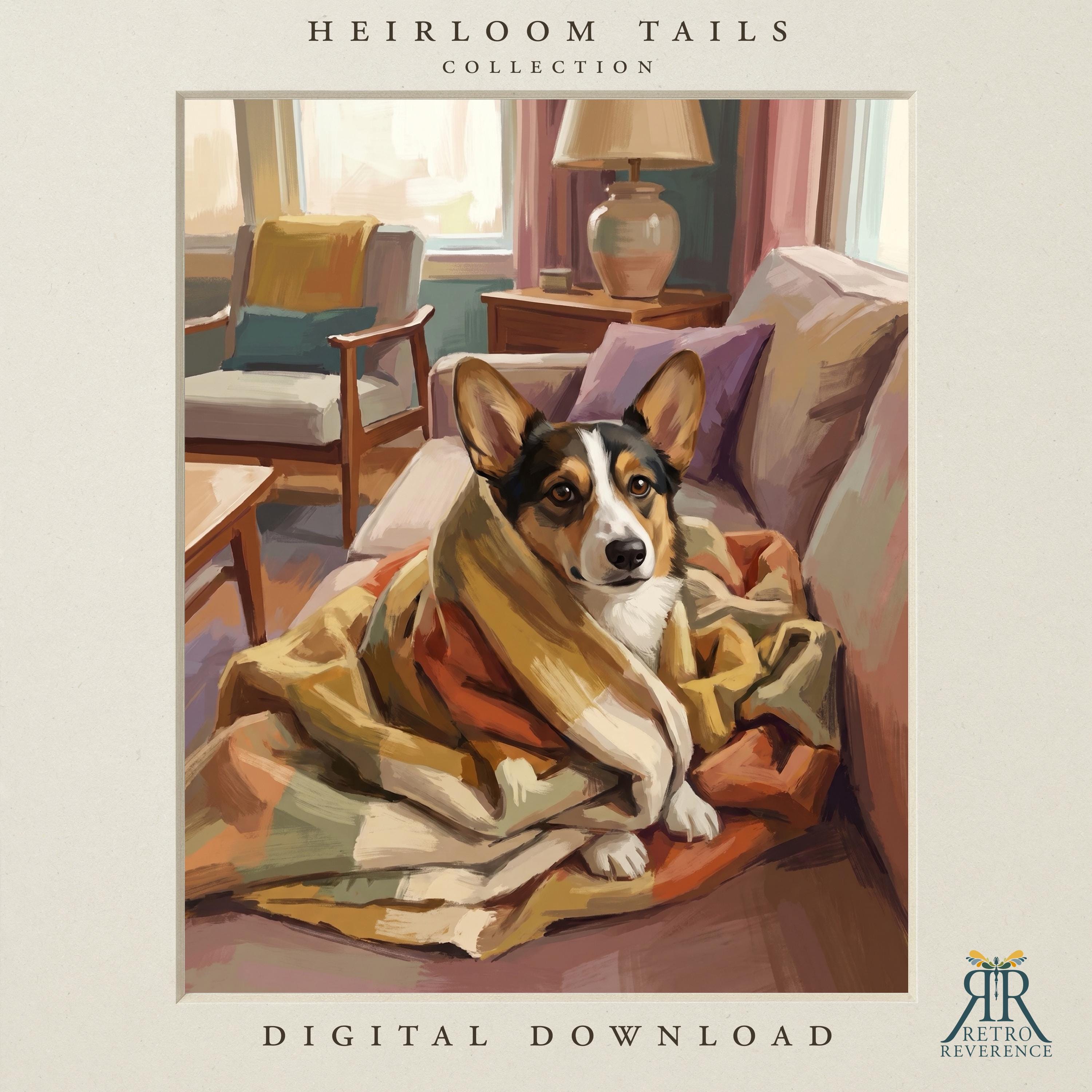 Custom dog portrait of a corgi wrapped in a mustard blanket on a cushioned chair in a warm mid-century living room