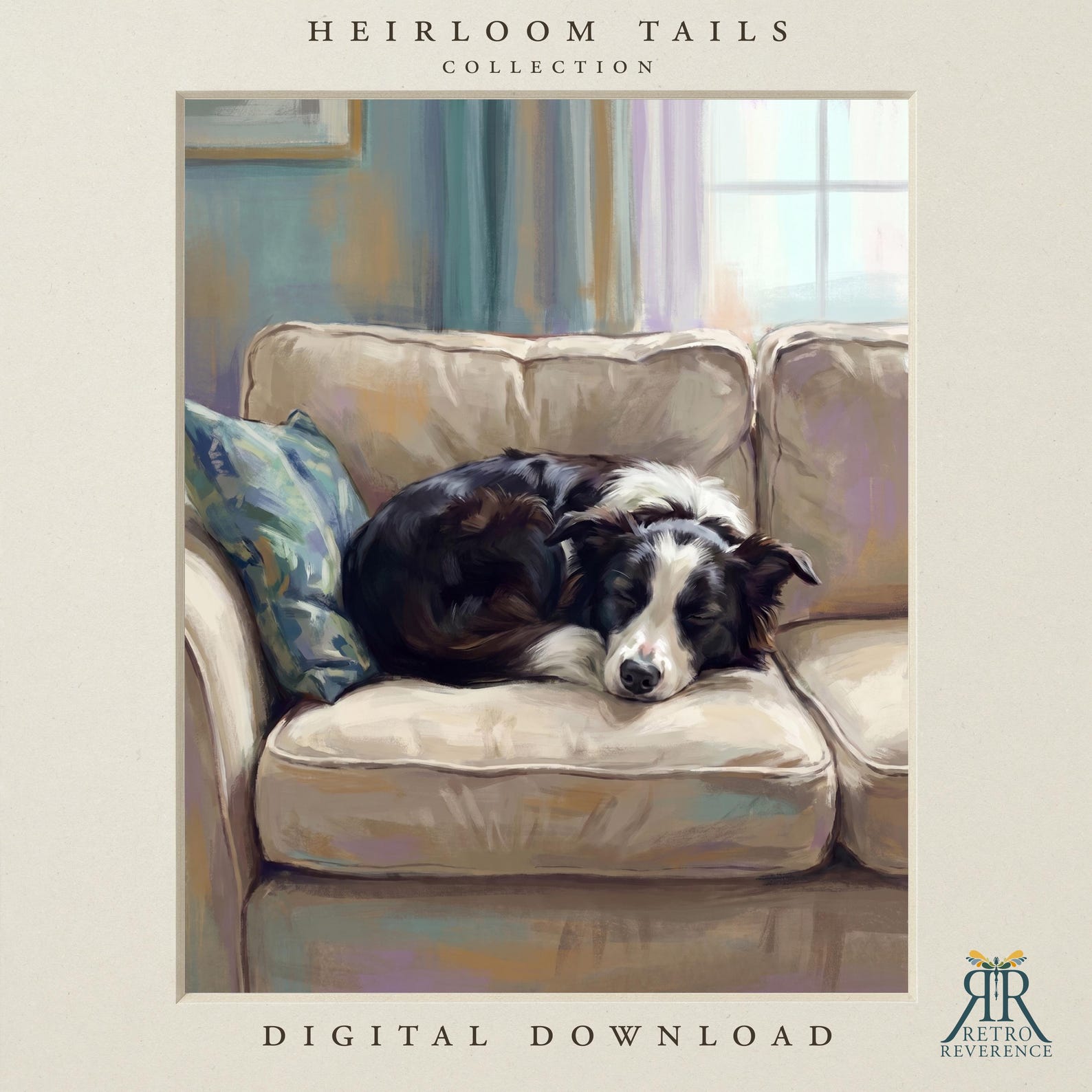 Memorial dog portrait of a dog asleep on a vintage sofa in peaceful afternoon light