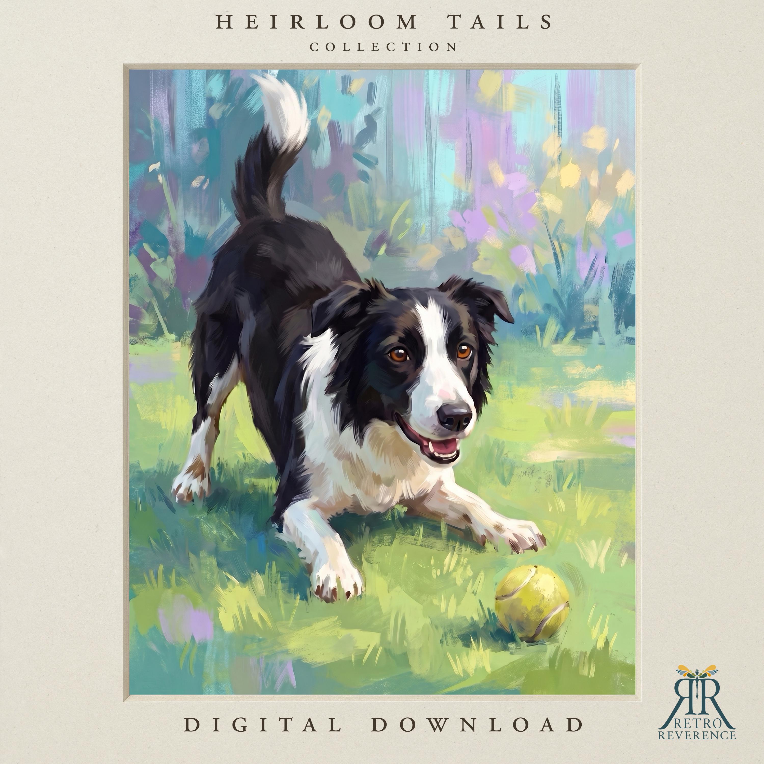 Custom dog portrait of a border collie bounding across a spring garden lawn with a tennis ball on the grass behind