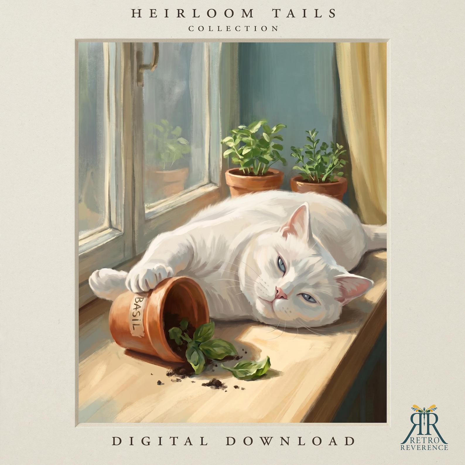 Custom cat portrait of a cat sitting on a sunlit windowsill among terracotta pots and old lace curtains in late afternoon light