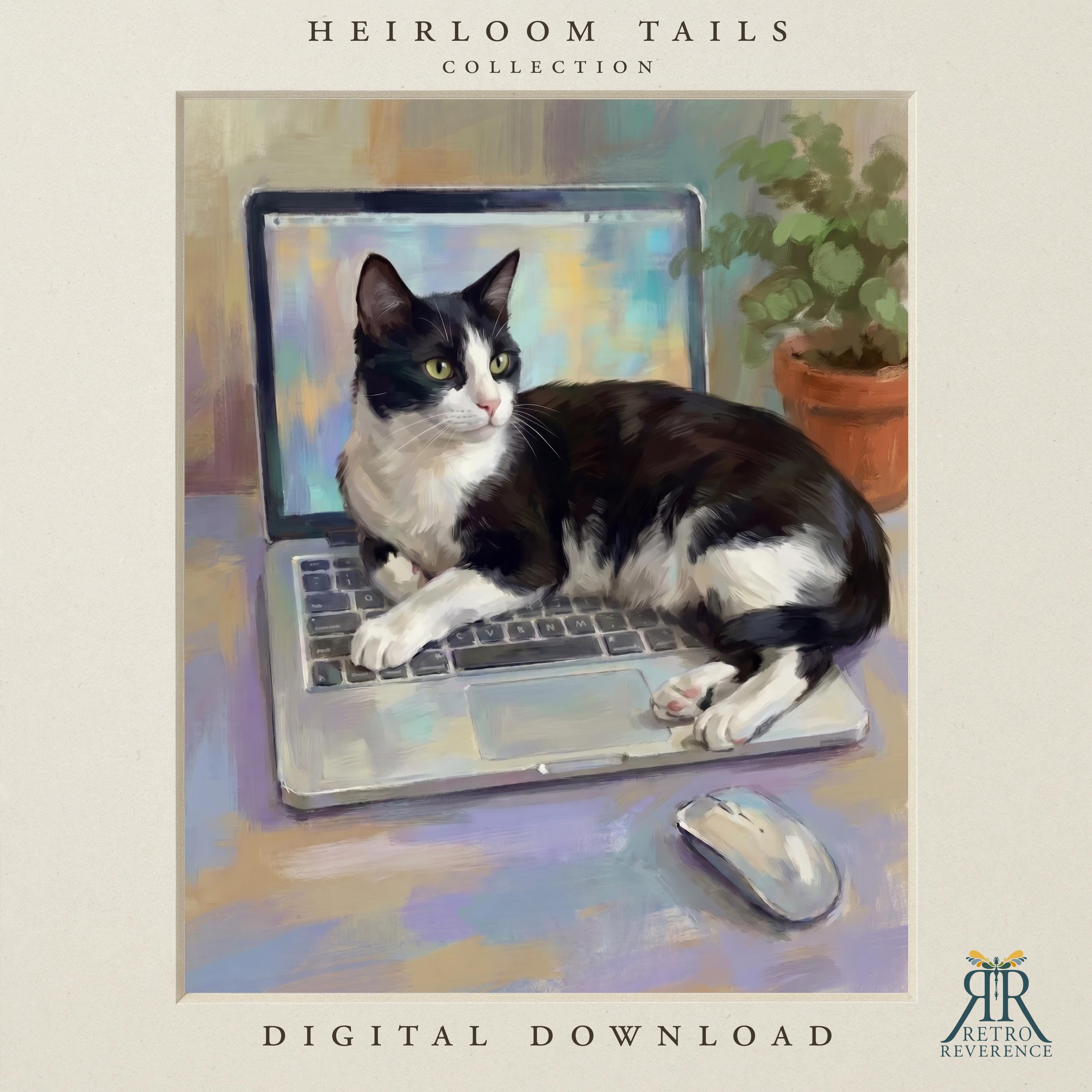 Custom cat portrait of a black and white tuxedo cat lying across an open laptop keyboard beside a mouse and a small potted plant