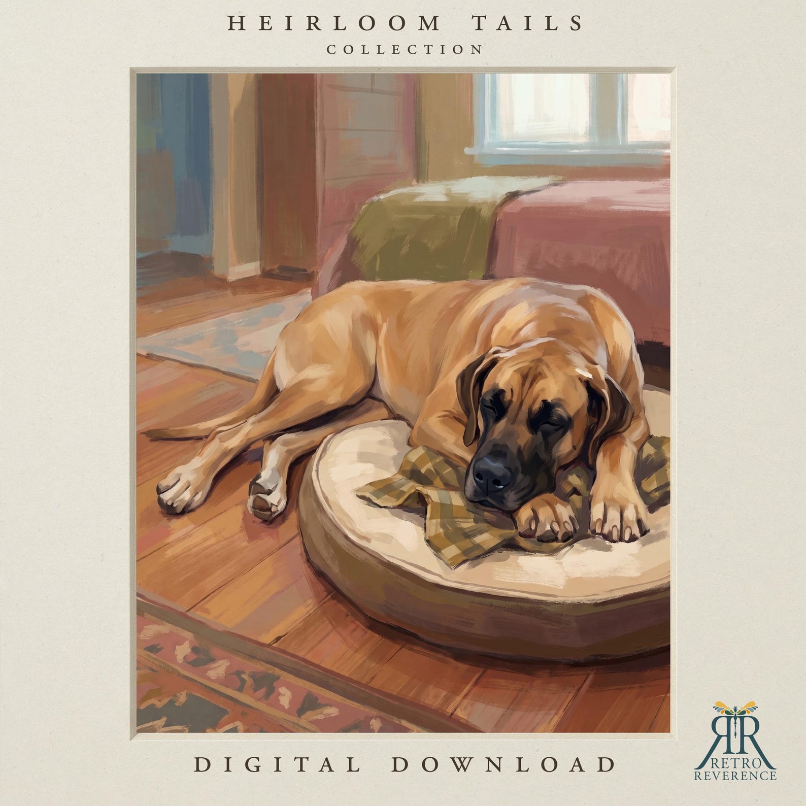 Custom dog portrait of a dog sprawled half on and half off a rumpled bed in a sunlit bedroom