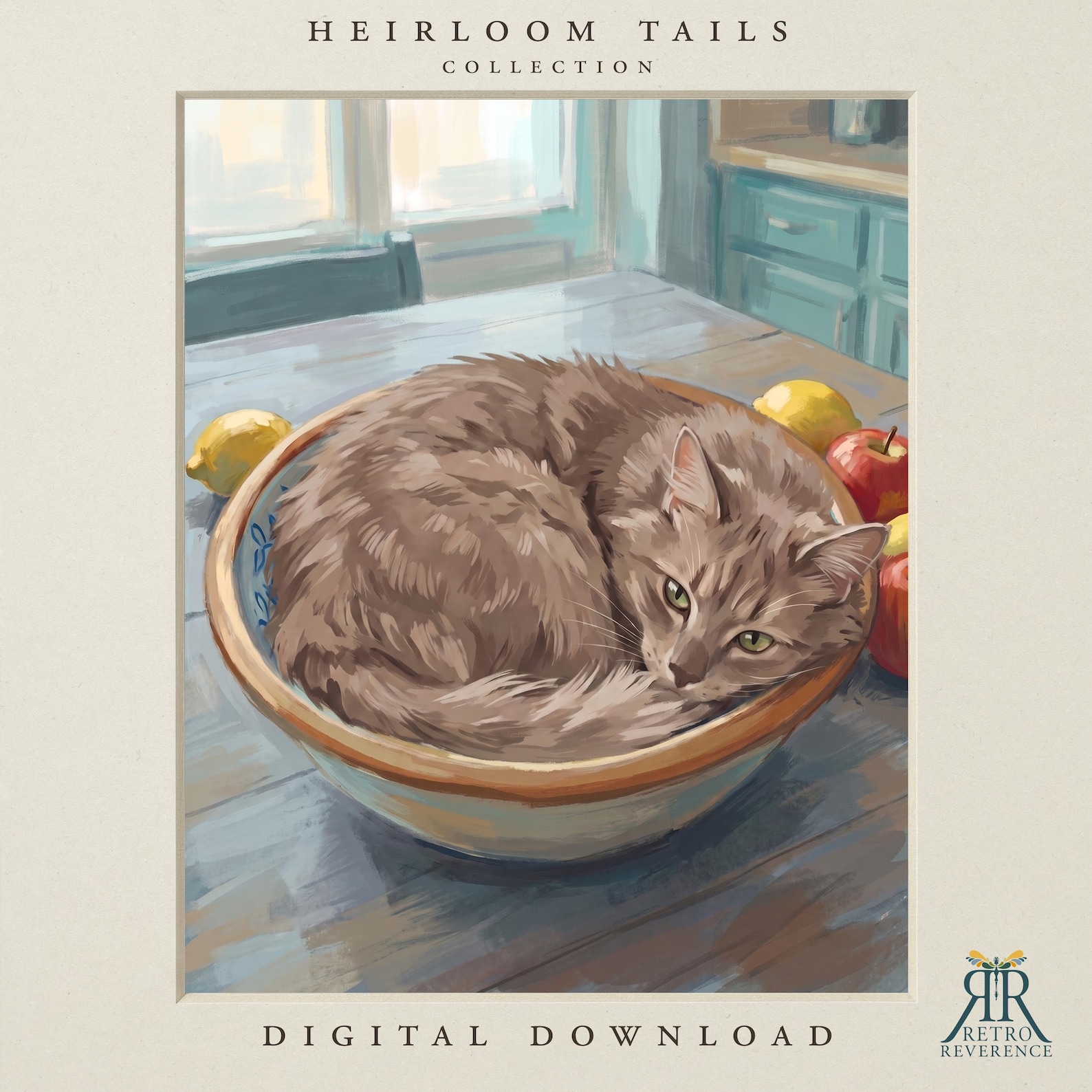 Custom cat portrait of a curious cat supervising a cottage kitchen counter with copper pots and a fresh loaf of bread