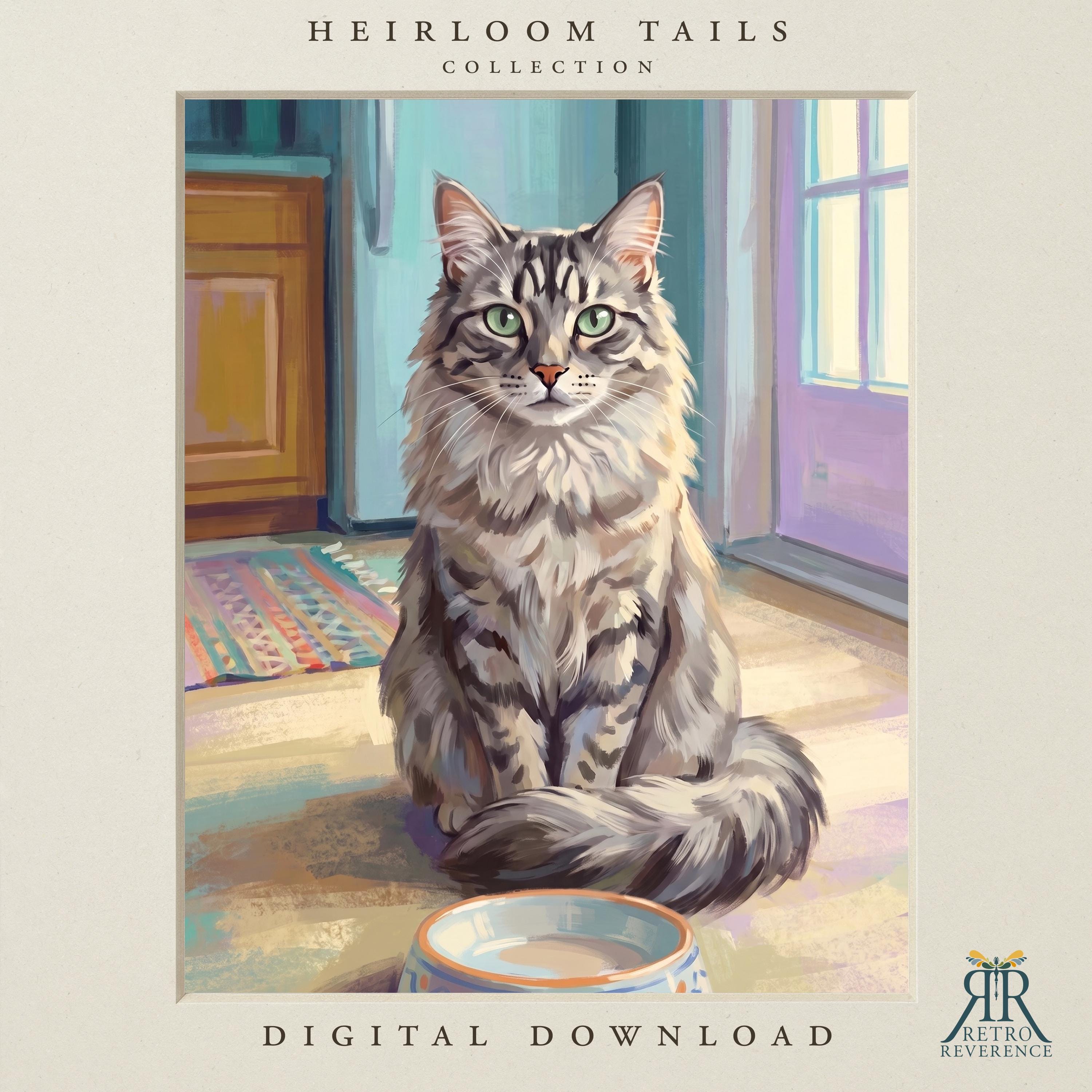 Custom cat portrait of a silver longhaired cat sitting beside an empty ceramic food bowl on a striped rug in a sunlit vintage kitchen