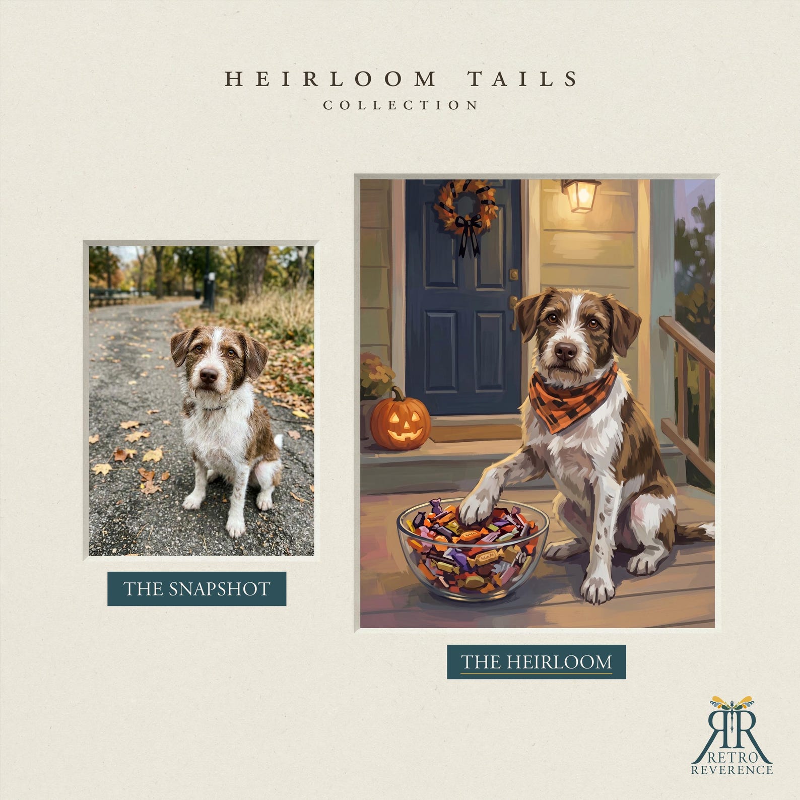 Before and after: a terrier mix's customer photo transformed into a custom dog portrait in the Heirloom Halloween porch scene.
