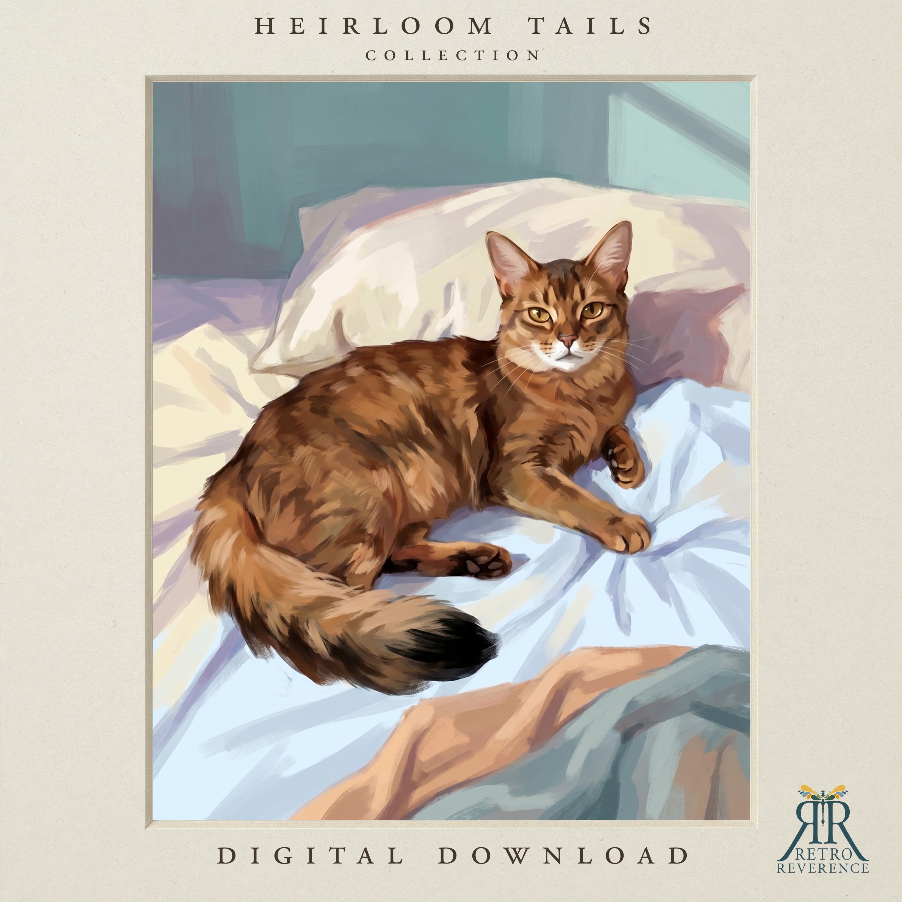 Custom cat portrait of a ginger longhaired cat lounging across white pillows and rumpled bedding in a sunlit bedroom
