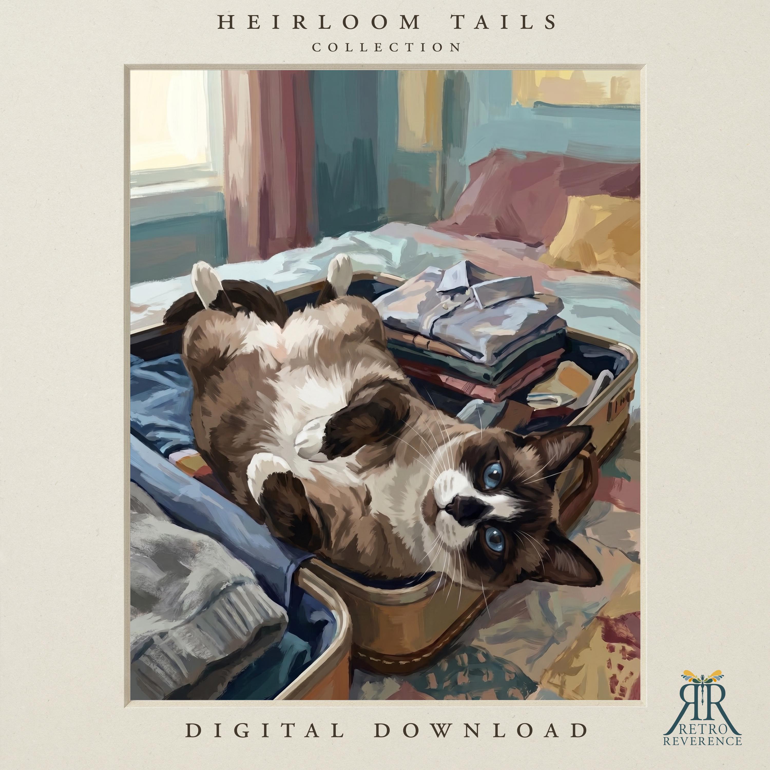 Custom cat portrait of a seal point cat rolling belly-up in an open suitcase full of folded clothes in a sunlit bedroom