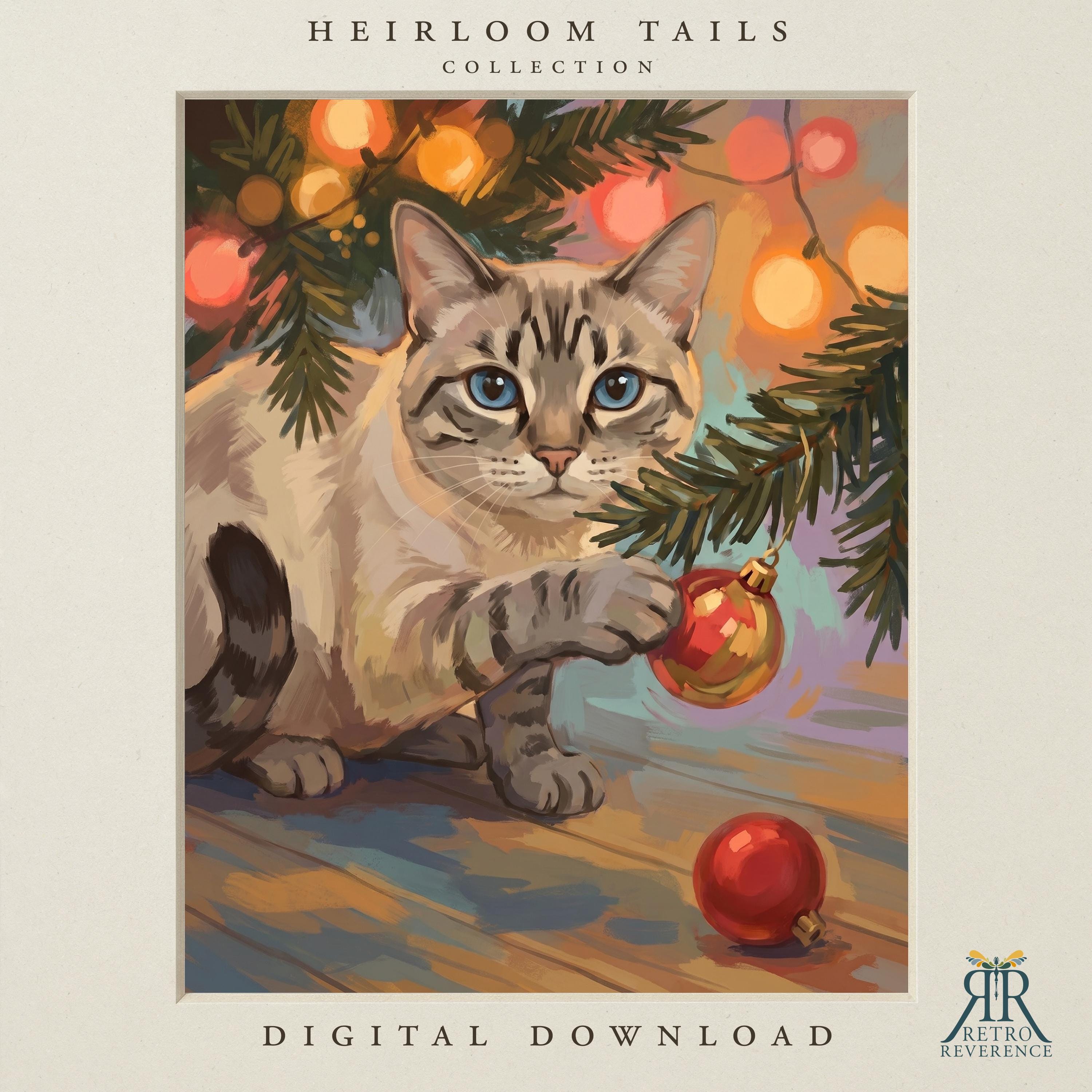 Custom cat portrait of a blue-eyed tabby cat batting a red glass ornament beneath a Christmas tree