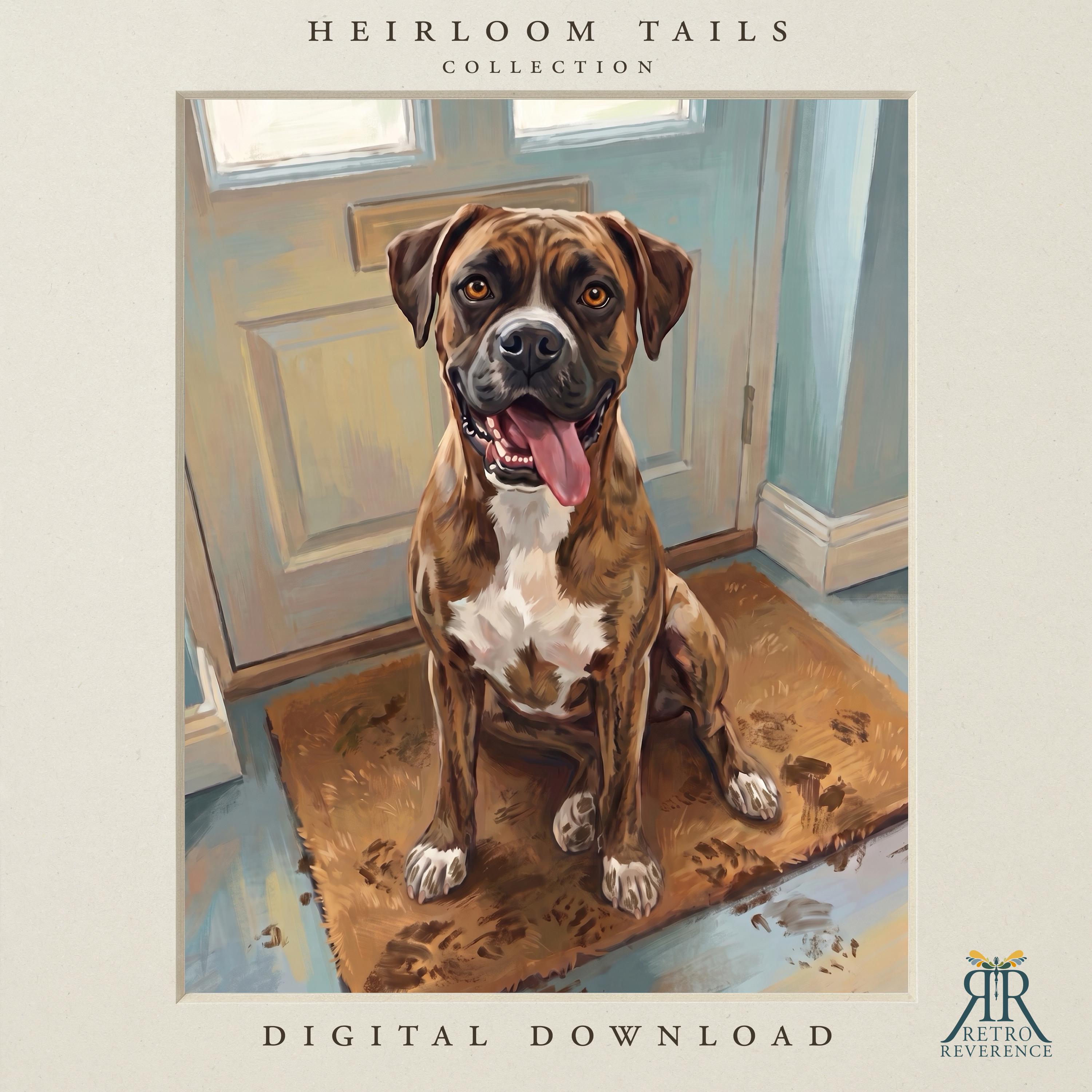 Custom dog portrait of a brindle boxer mix sitting on a muddy doormat surrounded by paw prints by the front door