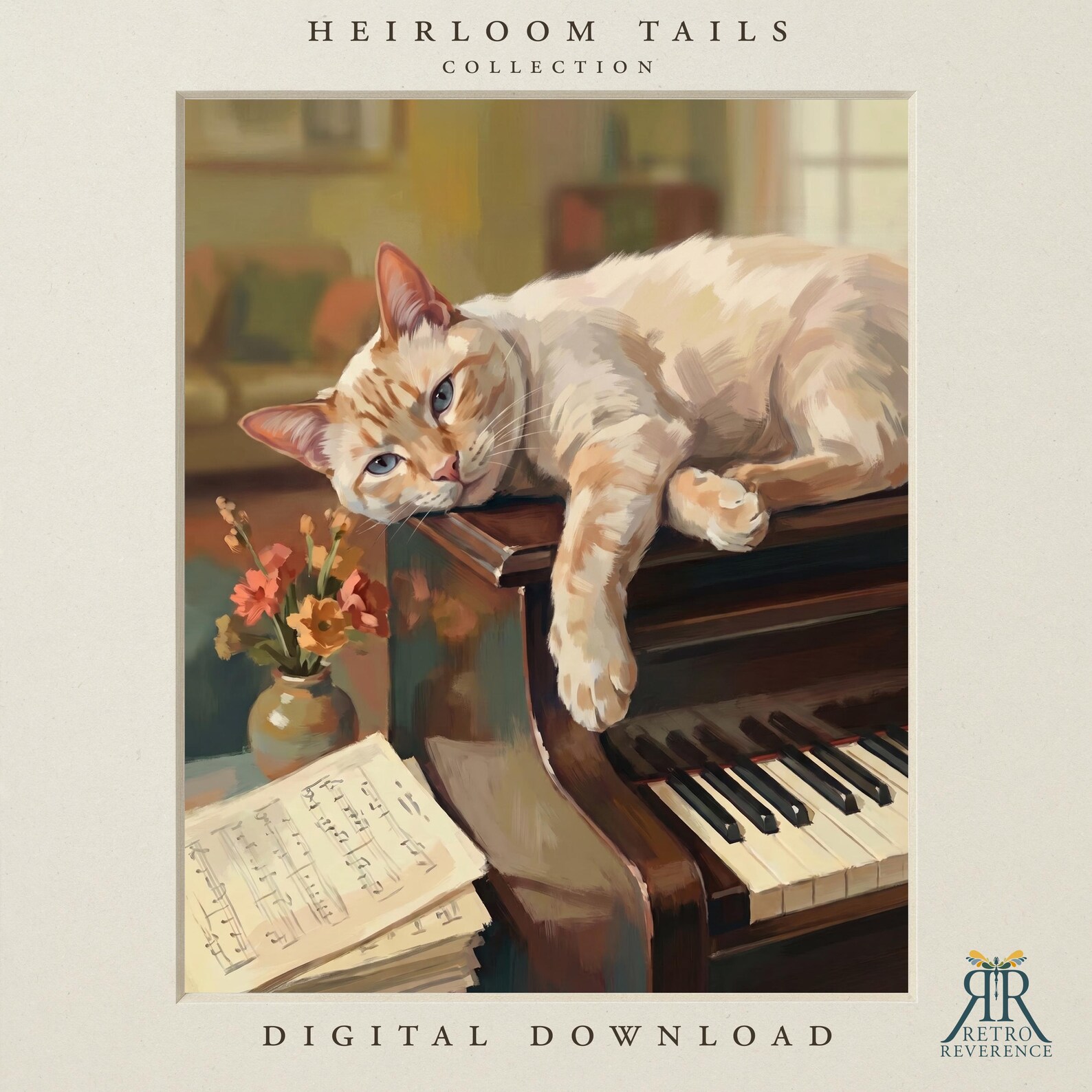 Custom cat portrait of a cat beside a brass gramophone and a well-worn violin in a warmly lit vintage music room