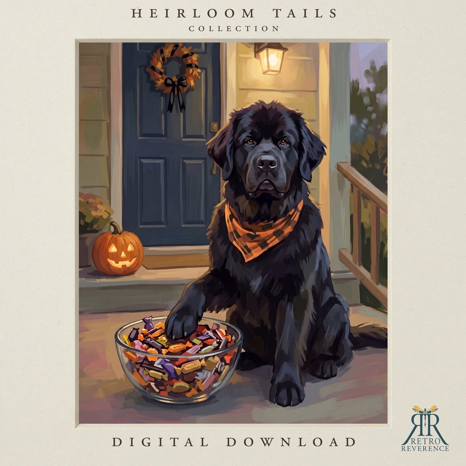 Custom dog portrait of a black Newfoundland sitting on a lantern-lit Halloween porch at dusk, jack-o'-lanterns glowing beside him