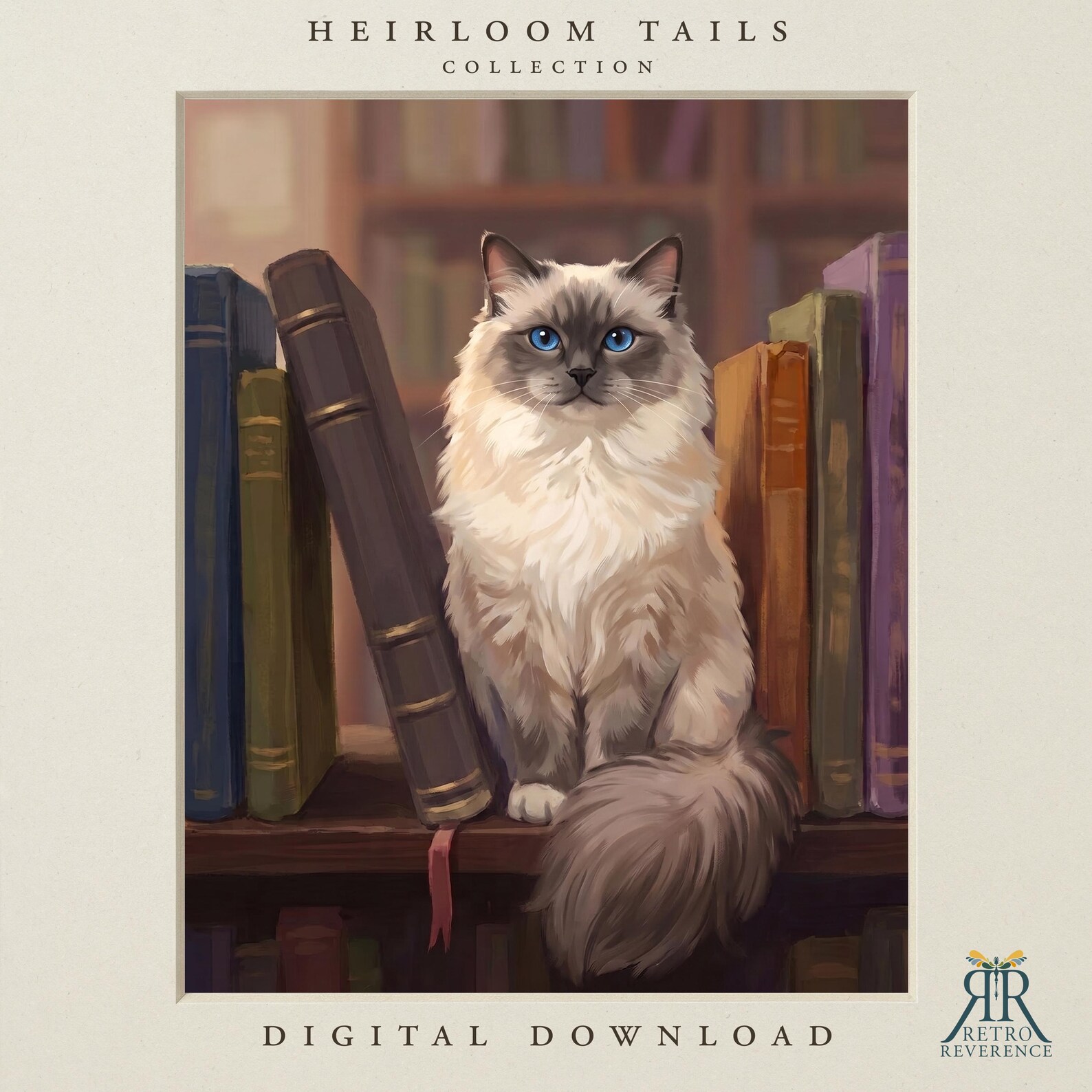 Custom cat portrait in a vintage library scene