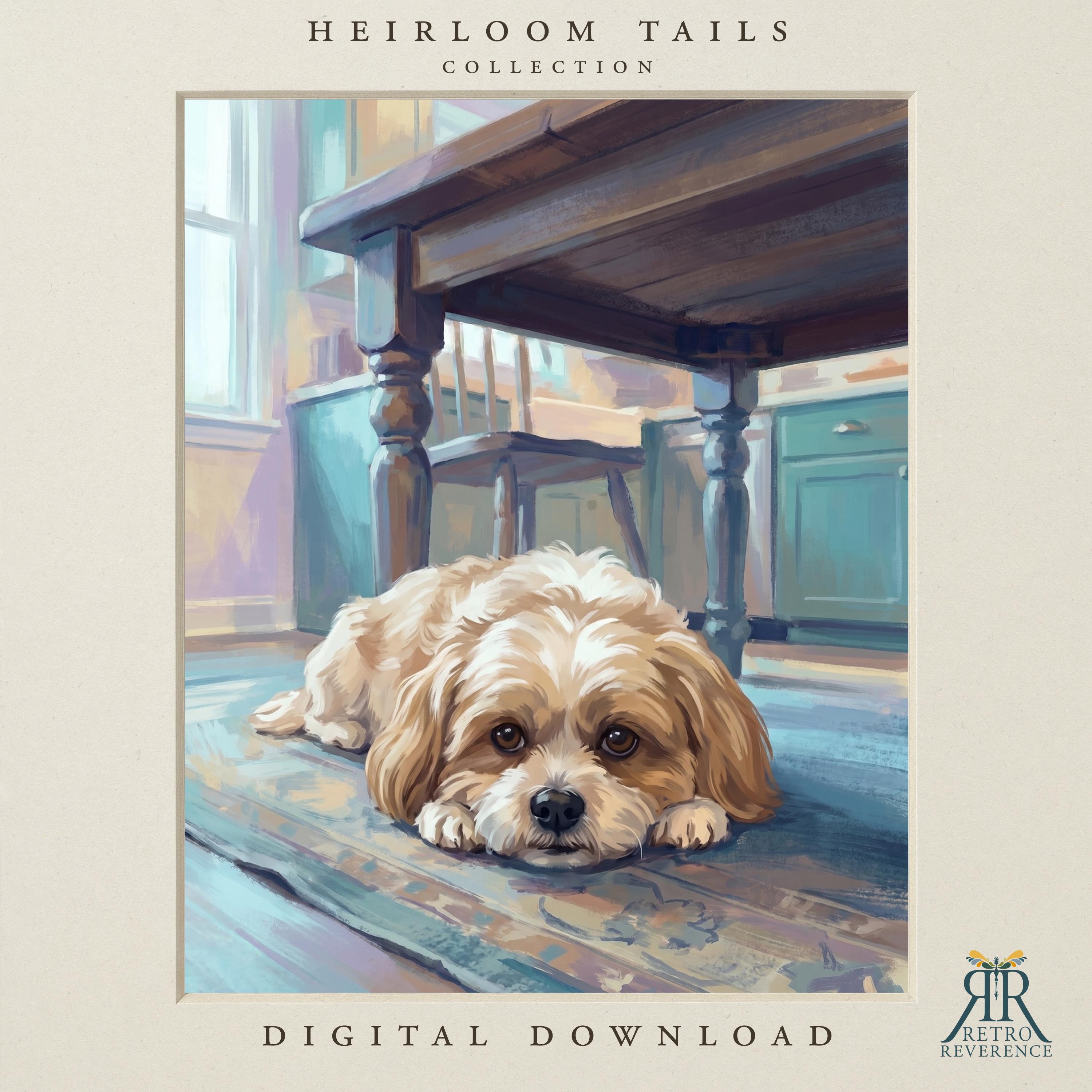Custom dog portrait of a cream doodle lying under a farmhouse kitchen table with its chin on a blue rug