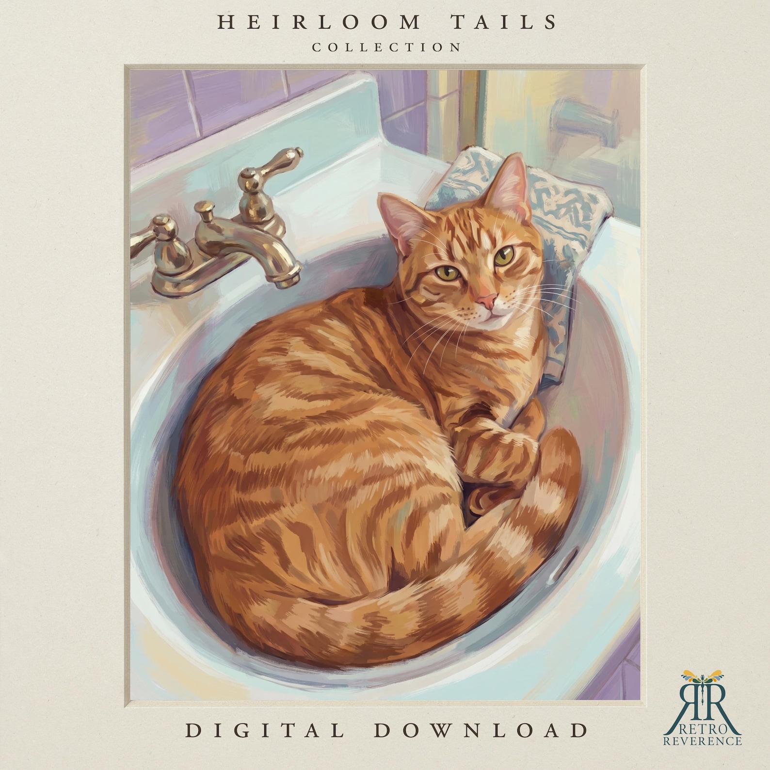 Custom cat portrait of a dignified cat perched on the edge of a vintage clawfoot bathtub in a tiled bathroom