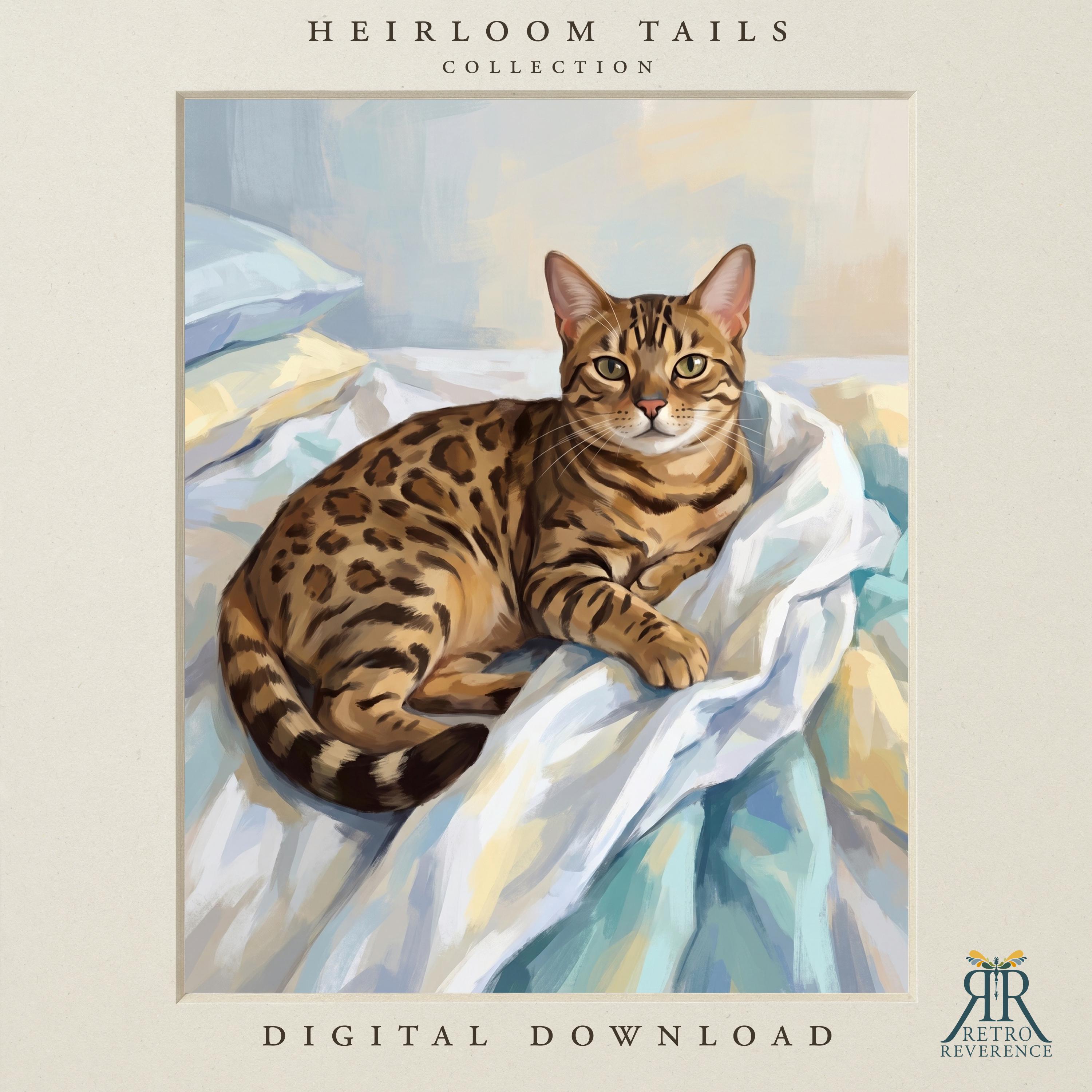 Custom cat portrait of a spotted bengal cat settled on a crumpled white duvet in soft morning light