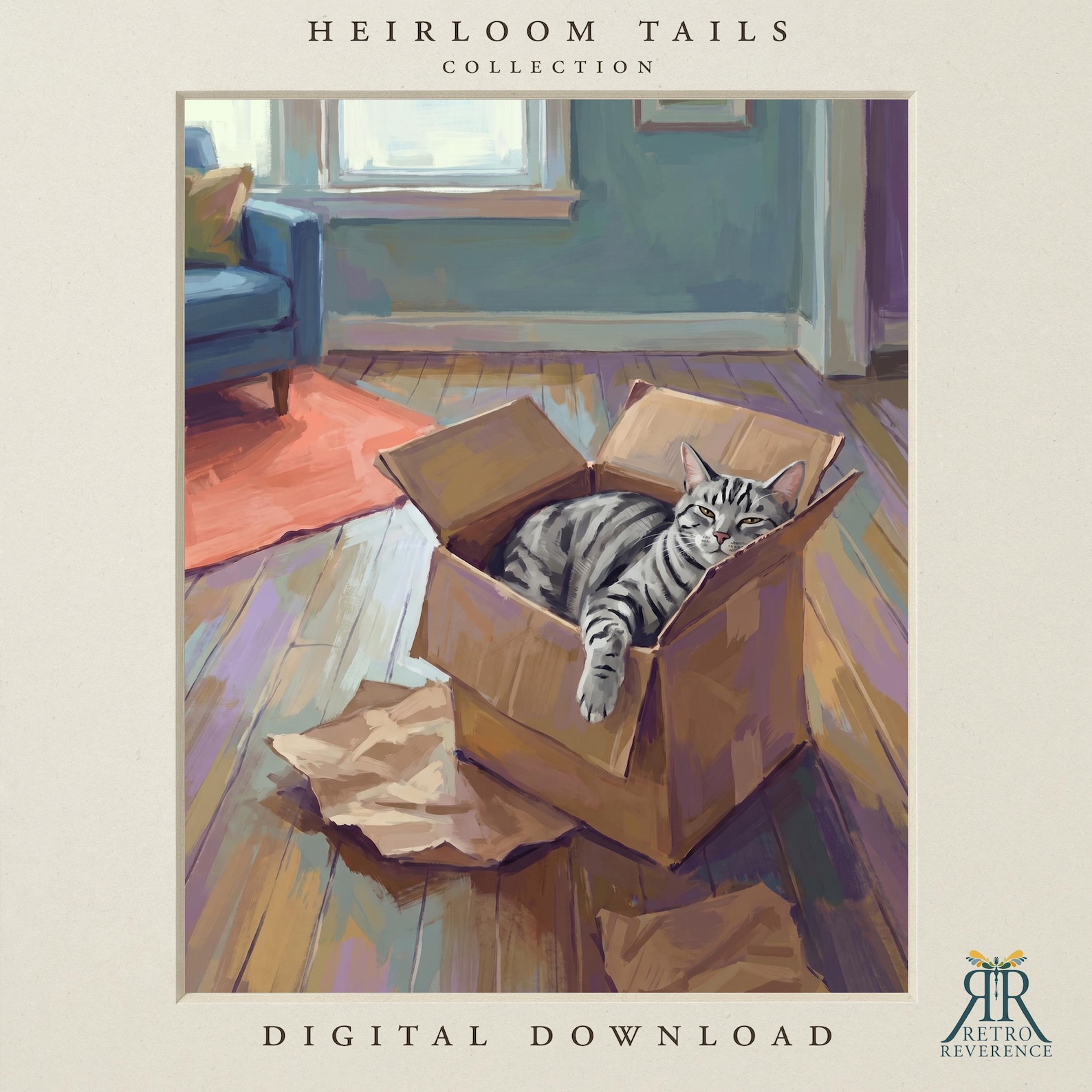Custom cat portrait of a cat curled asleep on a velvet armchair beside a glowing fireplace in a painterly living room