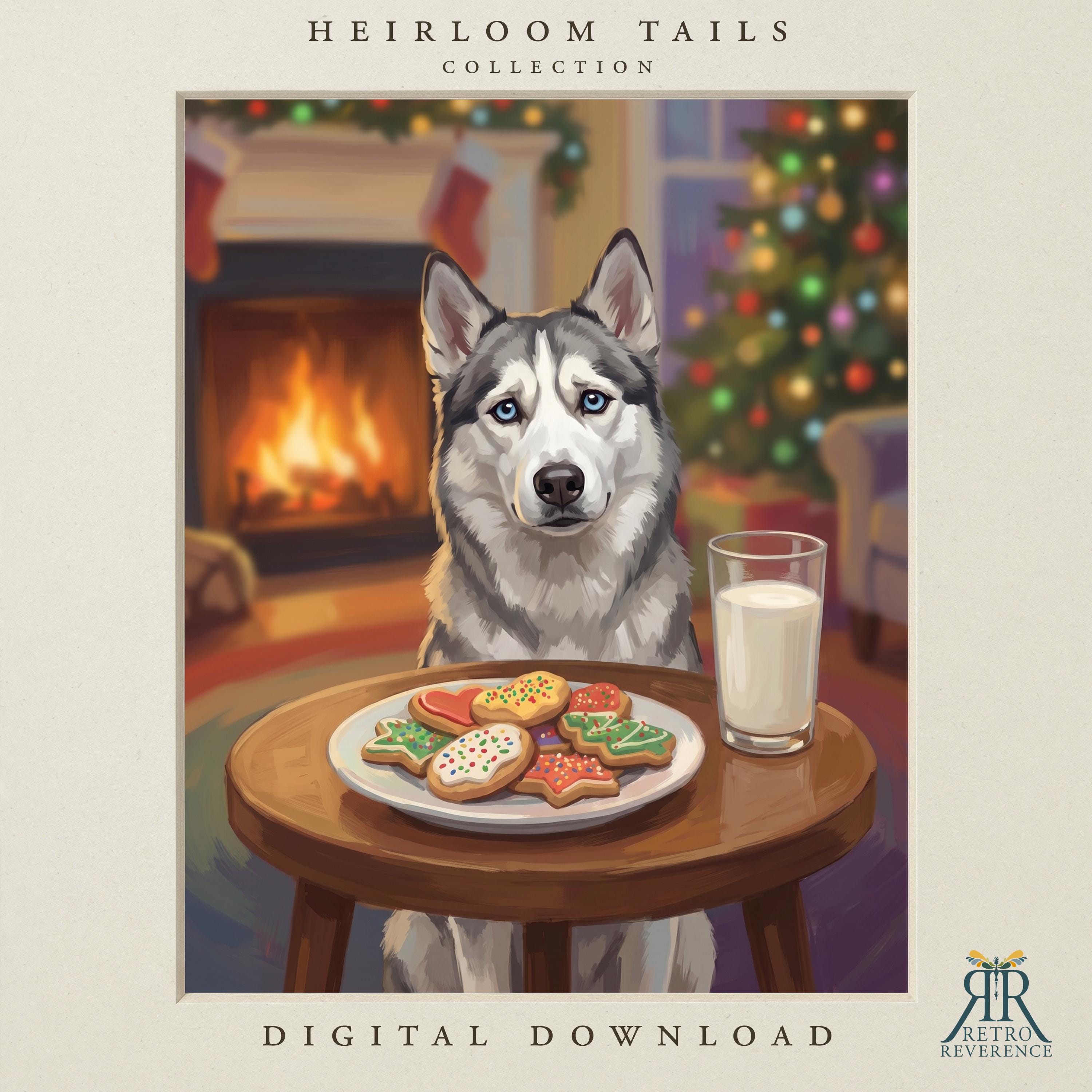 Custom dog portrait of a husky seated at a small table with a plate of frosted cookies and a glass of milk beside a lit fireplace