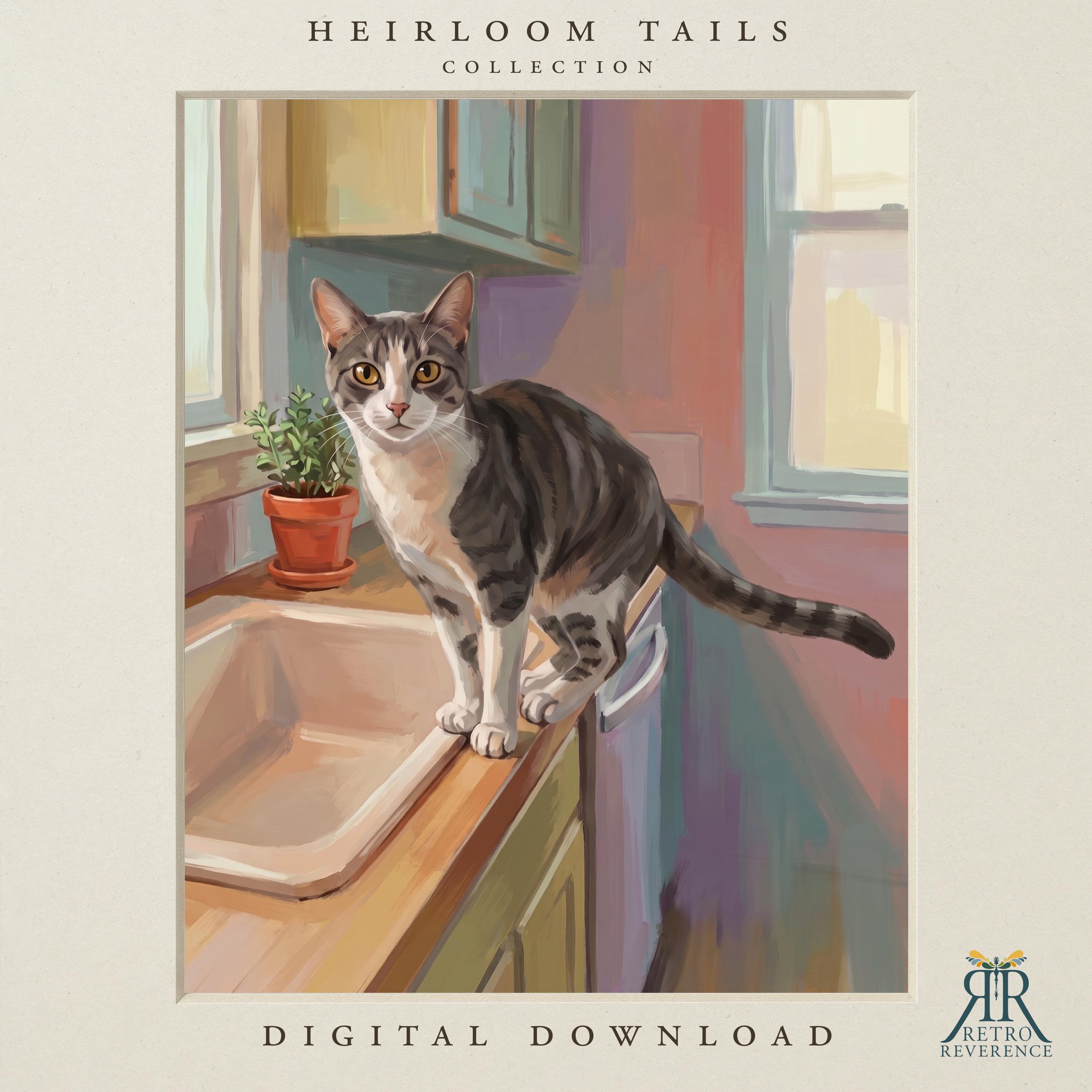 Custom cat portrait of a grey and white tabby standing on a kitchen counter beside a farmhouse sink and a potted herb by the window