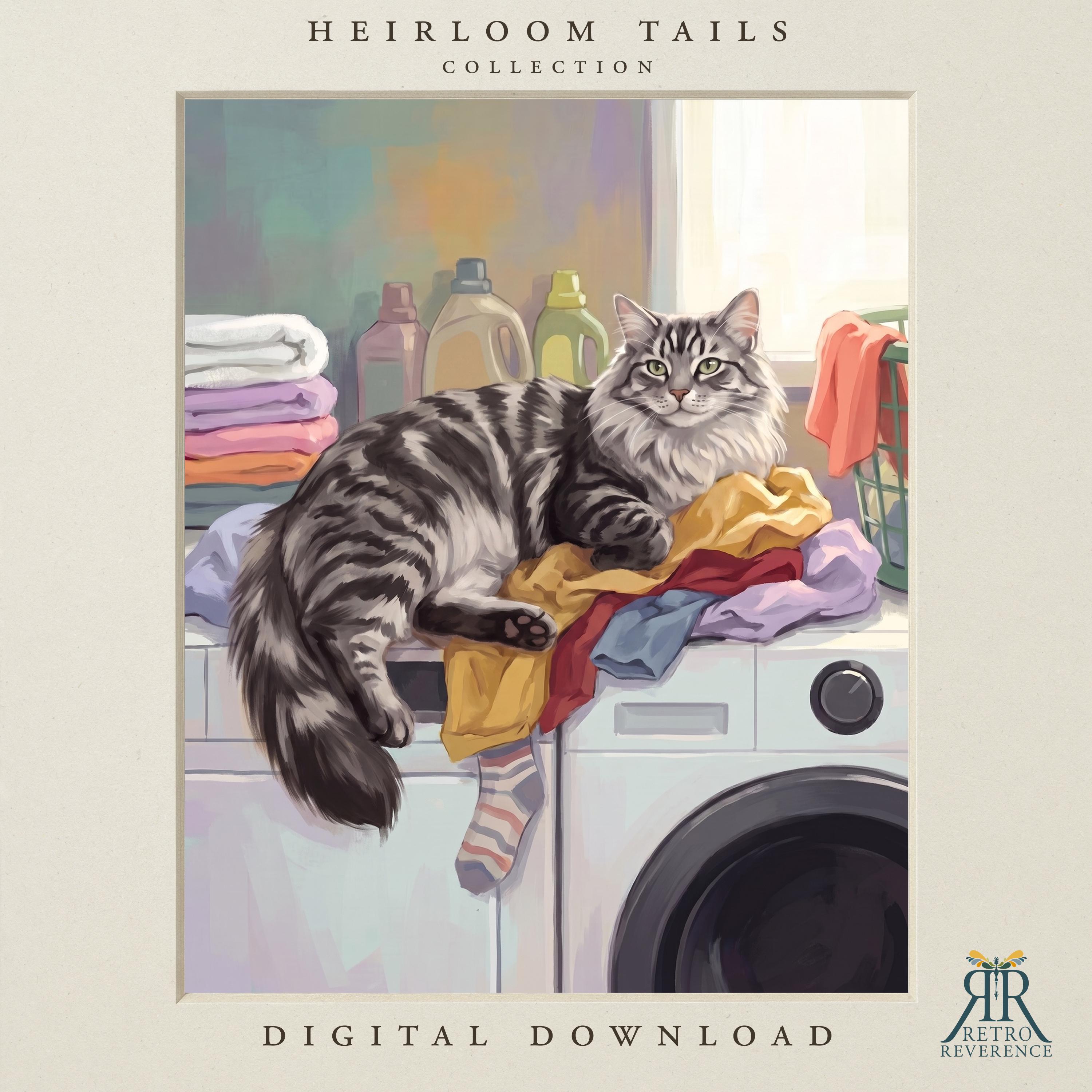 Custom cat portrait of a grey tabby stretched across a pile of folded laundry on top of a washing machine in a bright laundry room