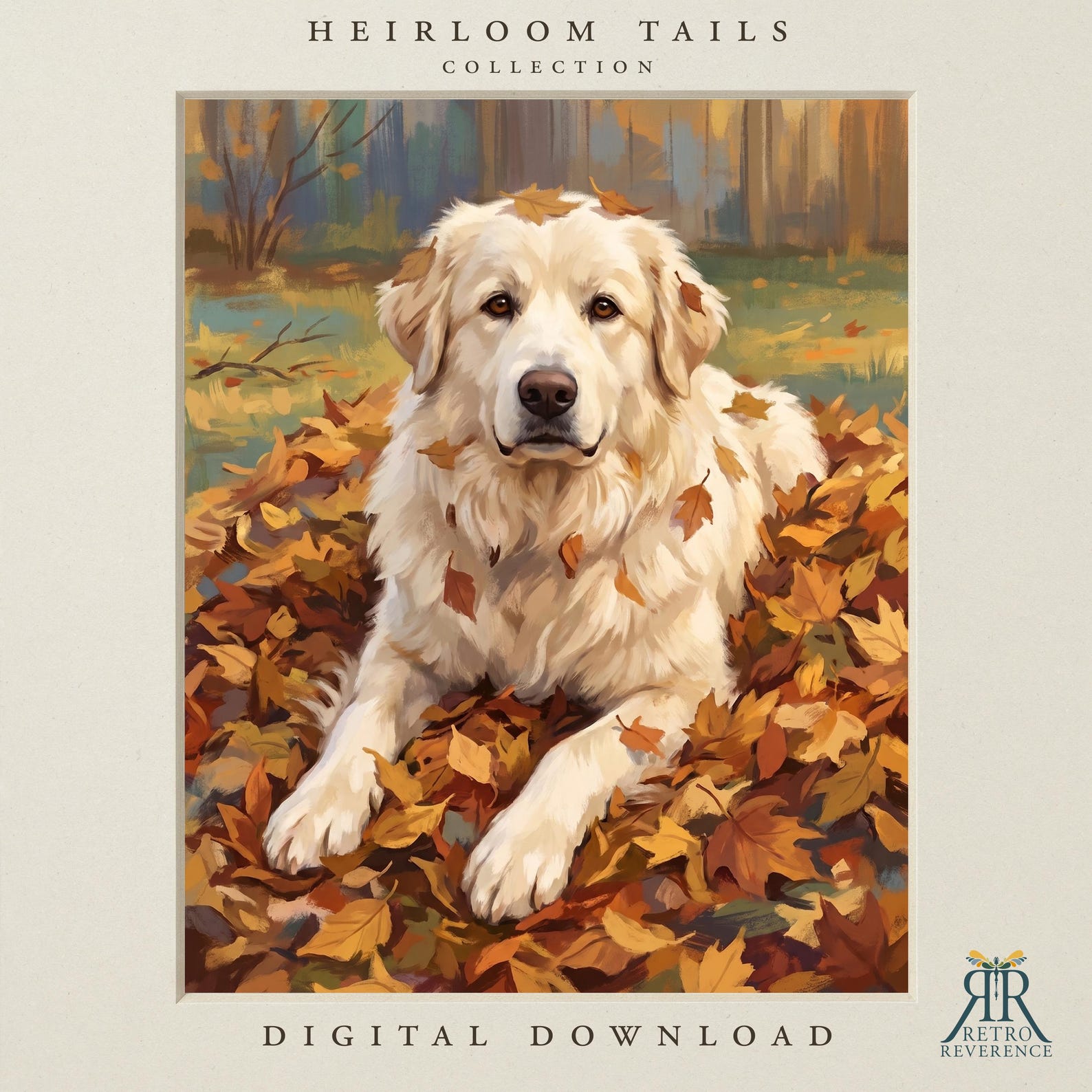 Custom dog portrait in a painterly autumn leaves scene