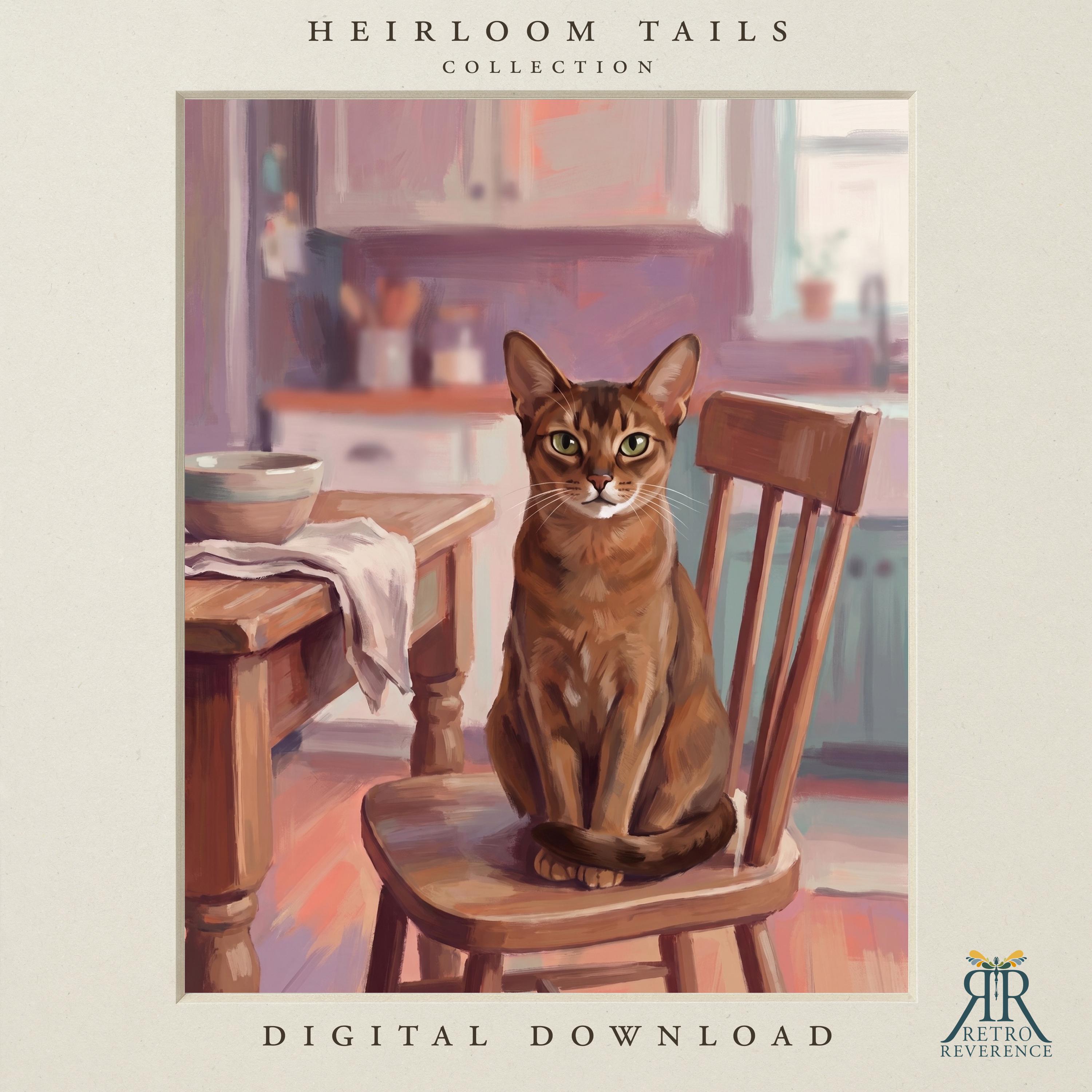 Custom cat portrait of a brown shorthaired cat sitting upright on a wooden spindle chair beside a breakfast table with a bowl and folded cloth