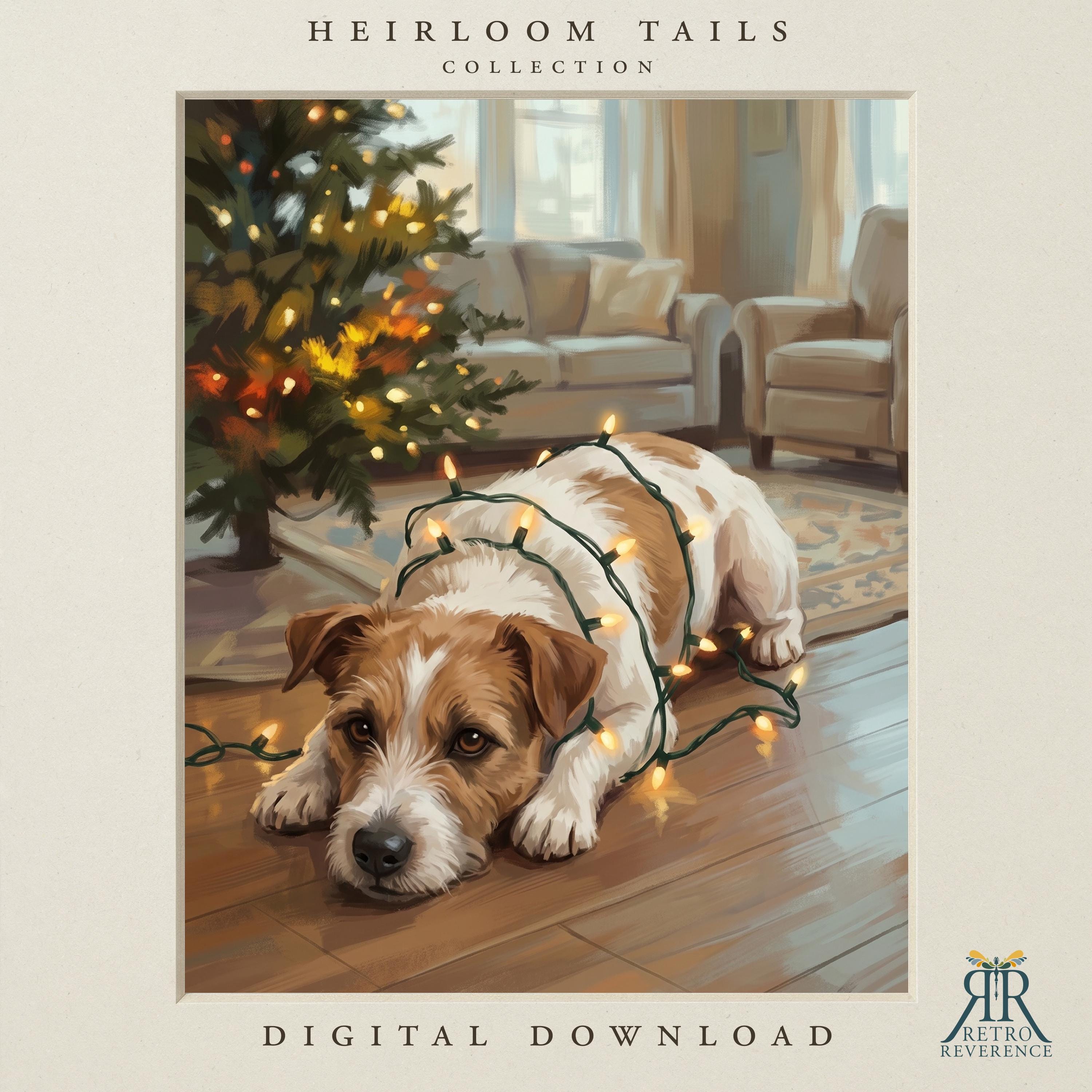 Custom dog portrait of a scruffy terrier lying on the floor draped in glowing Christmas lights beside a decorated tree