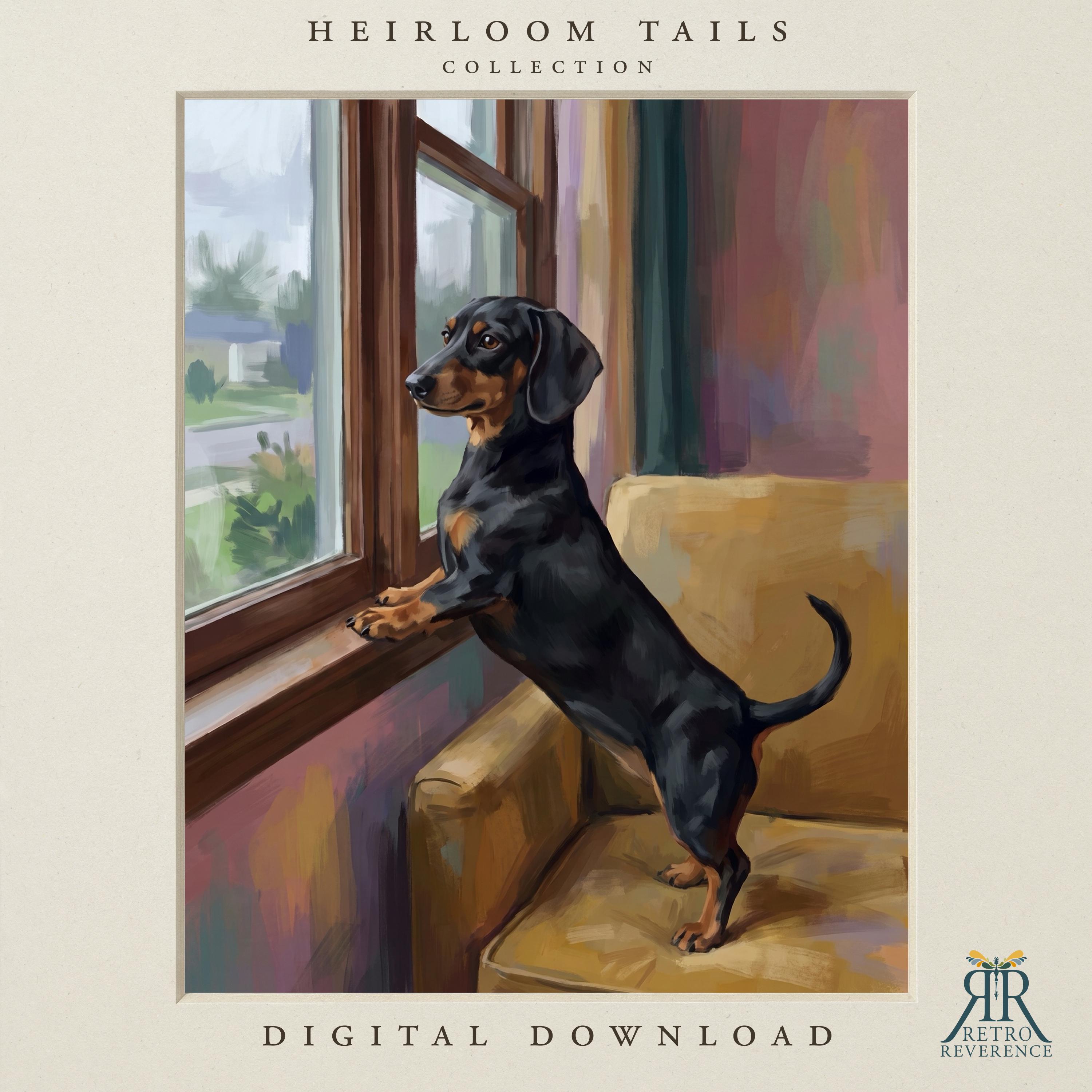 Custom dog portrait of a black and tan dachshund standing on a yellow armchair with front paws on the windowsill, watching the street