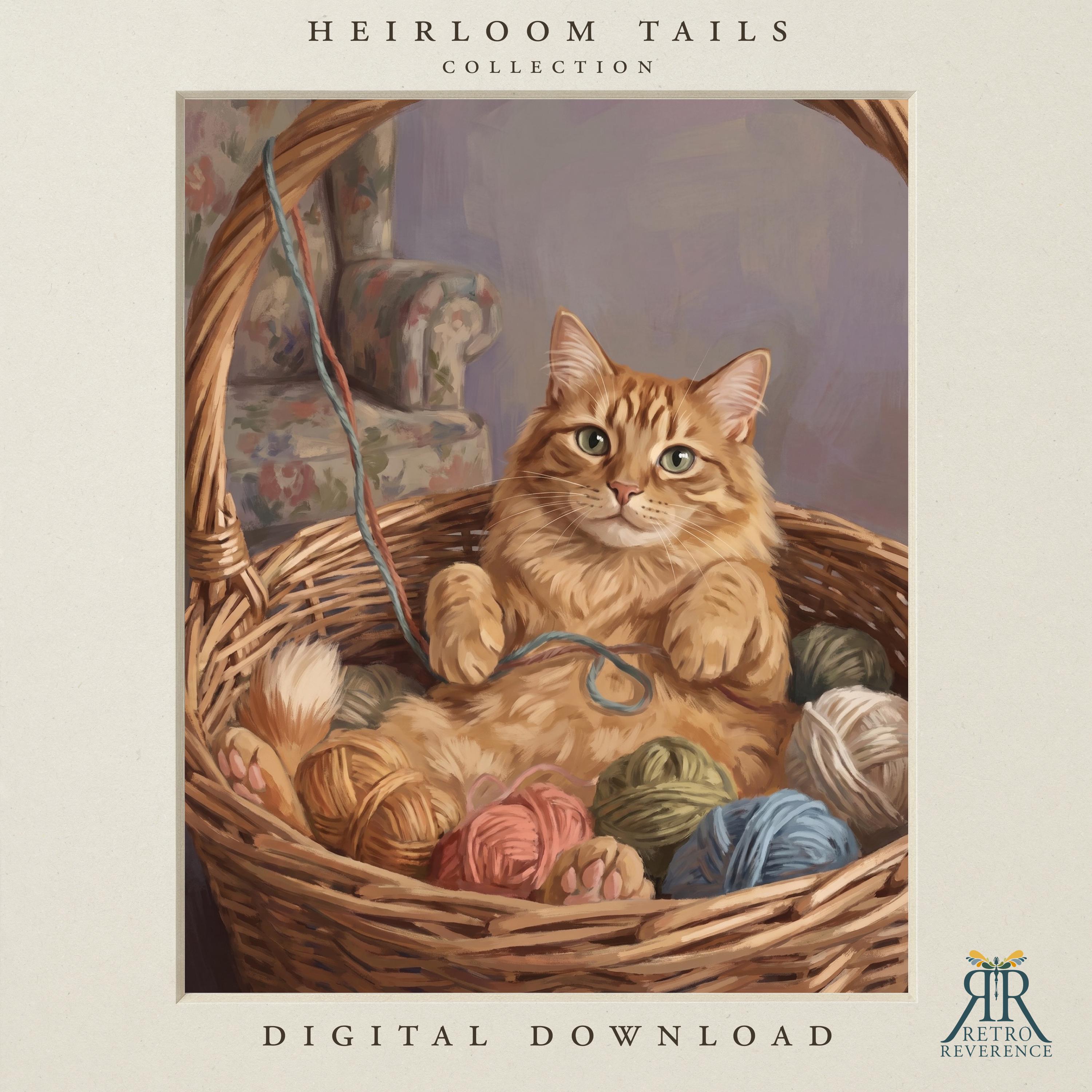 Custom cat portrait of an orange tabby settled in a wicker basket of colorful yarn balls with a loose strand trailing over the edge