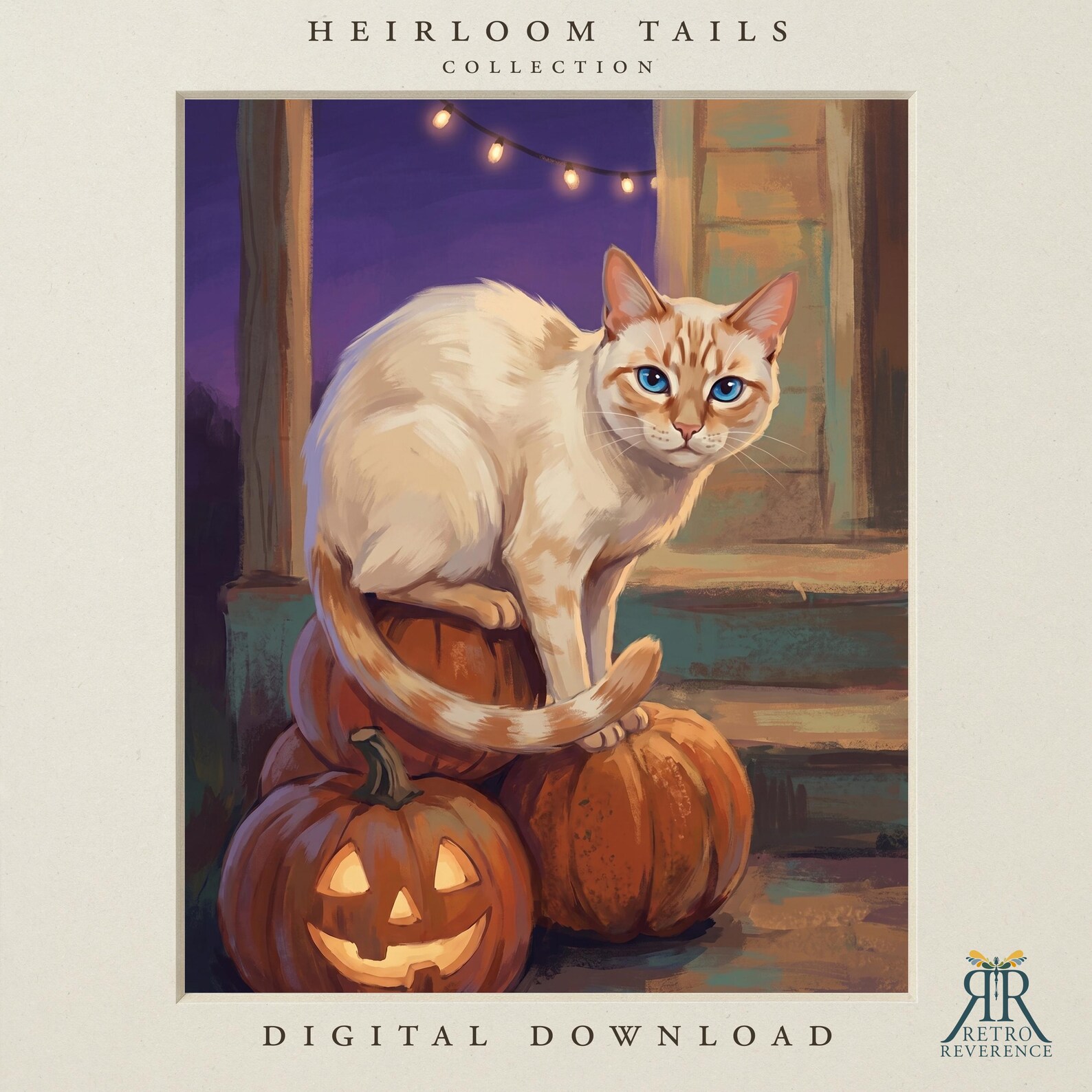 Custom cat portrait of a cat on a lantern-lit porch step at dusk, with jack-o'-lanterns and glowing string lights in a painterly vintage style