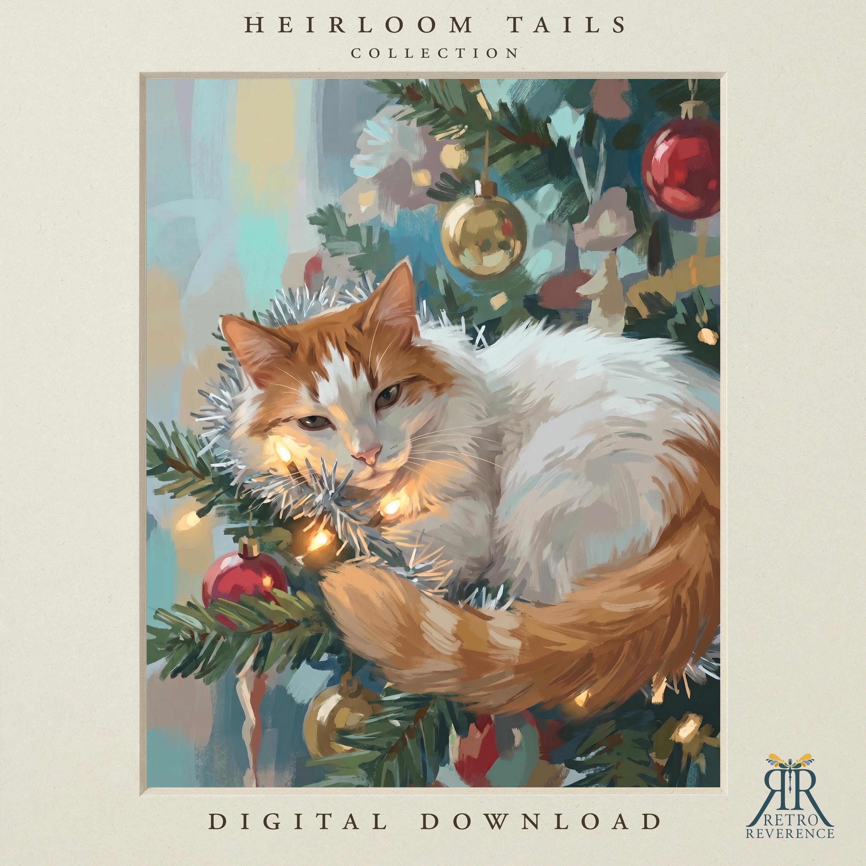Custom cat portrait of a ginger and white longhaired cat curled into the branches of a lit Christmas tree with tinsel and glass ornaments