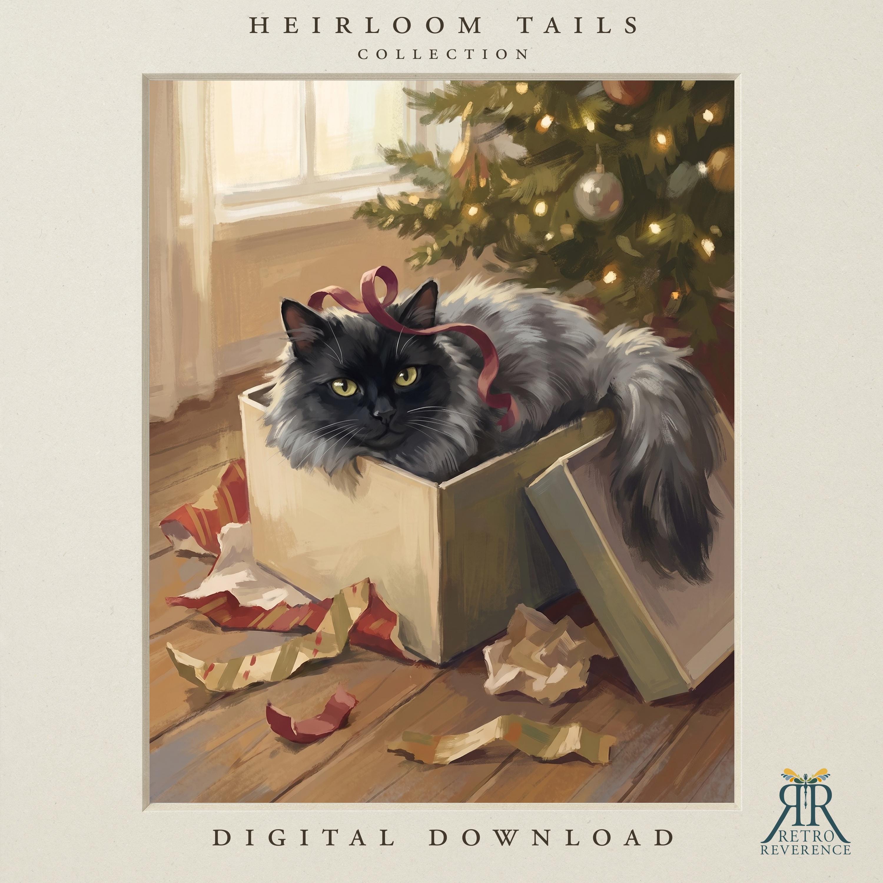 Custom cat portrait of a black and grey longhaired cat sitting in an empty gift box among torn wrapping paper on Christmas morning