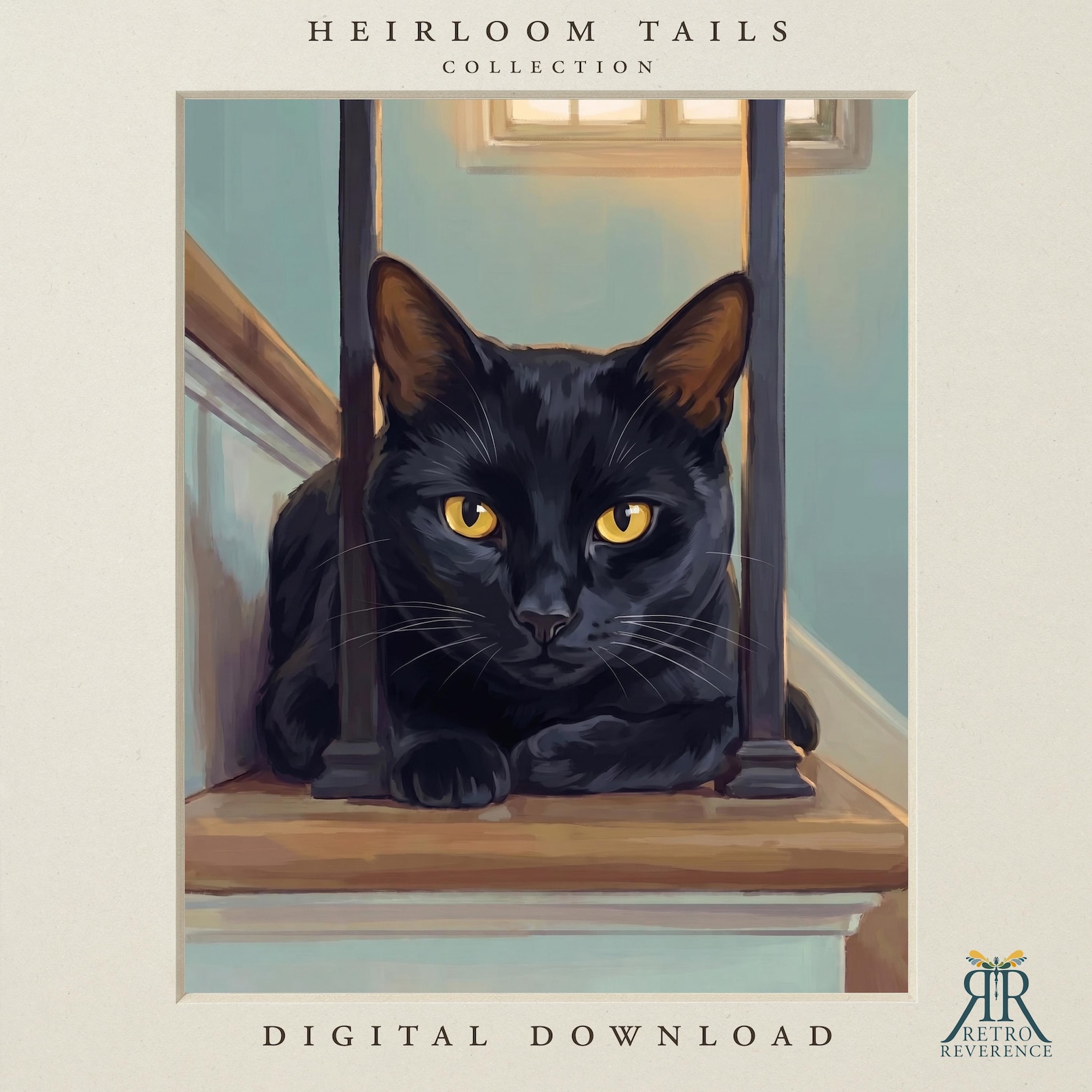 Custom cat portrait of a watchful cat sitting between wooden bannisters on a staircase, keeping an eye on the house