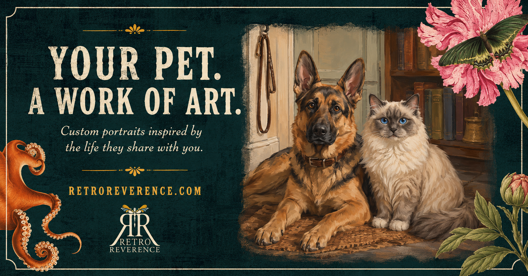 Retro Reverence banner reading 'Your Pet. A Work of Art.' beside a painted portrait of a German Shepherd and a blue-eyed Ragdoll cat in a book-lined entryway, with vintage octopus and pink flower illustrations and the RR crest logo