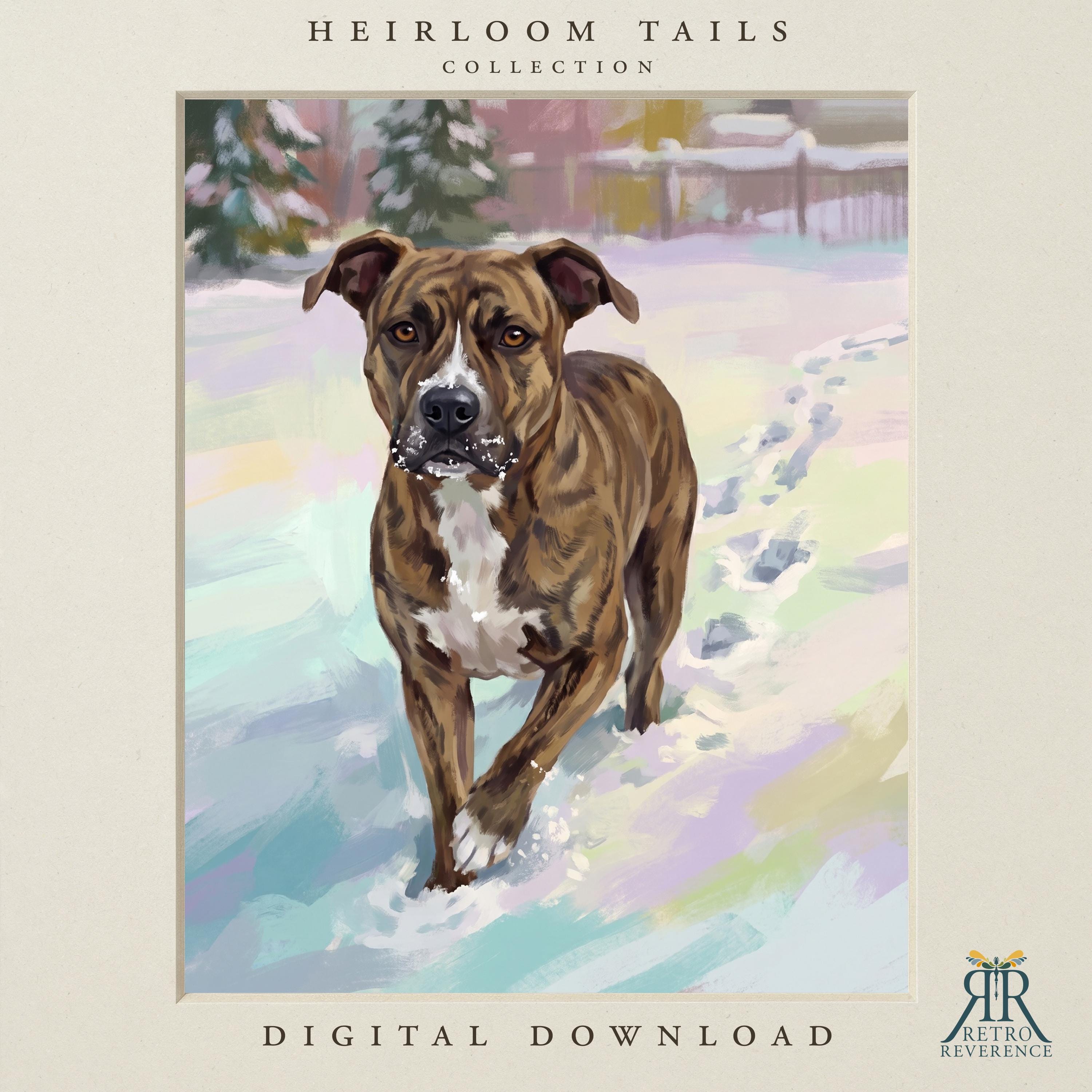 Custom dog portrait of a brindle dog trotting through fresh snow carrying a stick, paw prints trailing behind