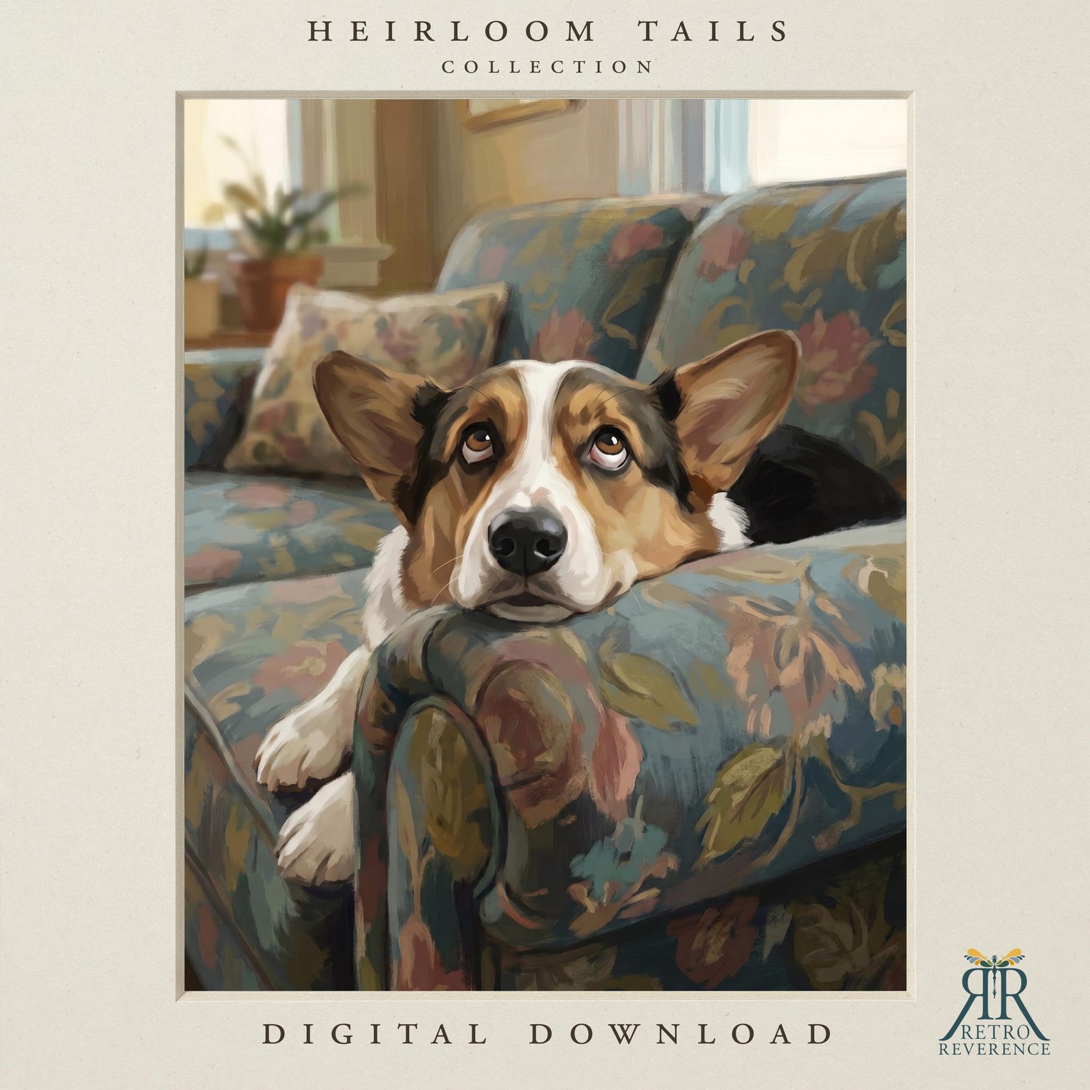 Memorial dog portrait of a dog napping on a soft floral cottage armchair