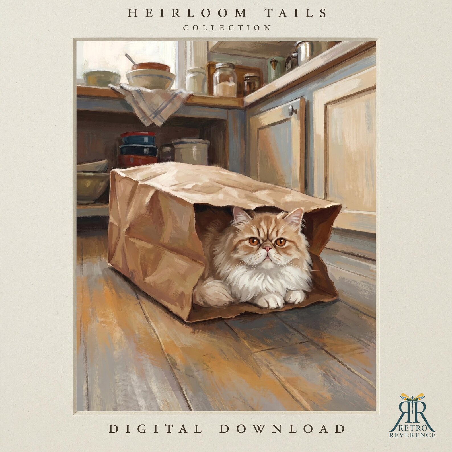Custom cat portrait of a mischievous cat peeking out of a crumpled paper grocery bag on a kitchen floor