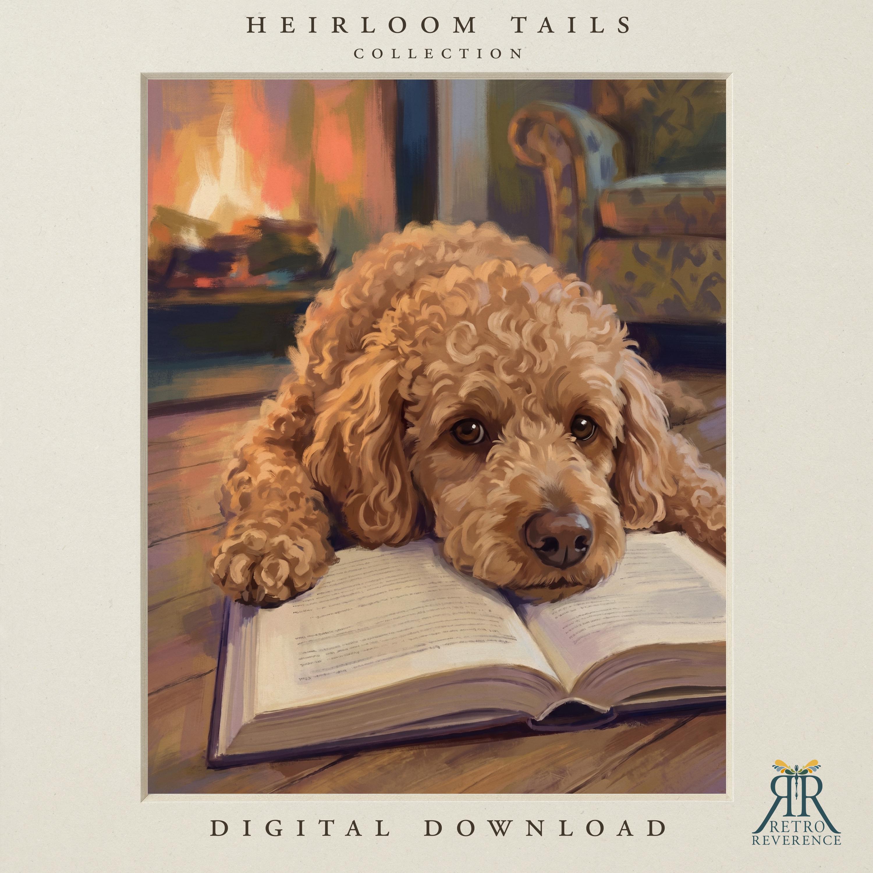 Custom dog portrait of an apricot poodle resting its head on an open book in front of a glowing fireplace