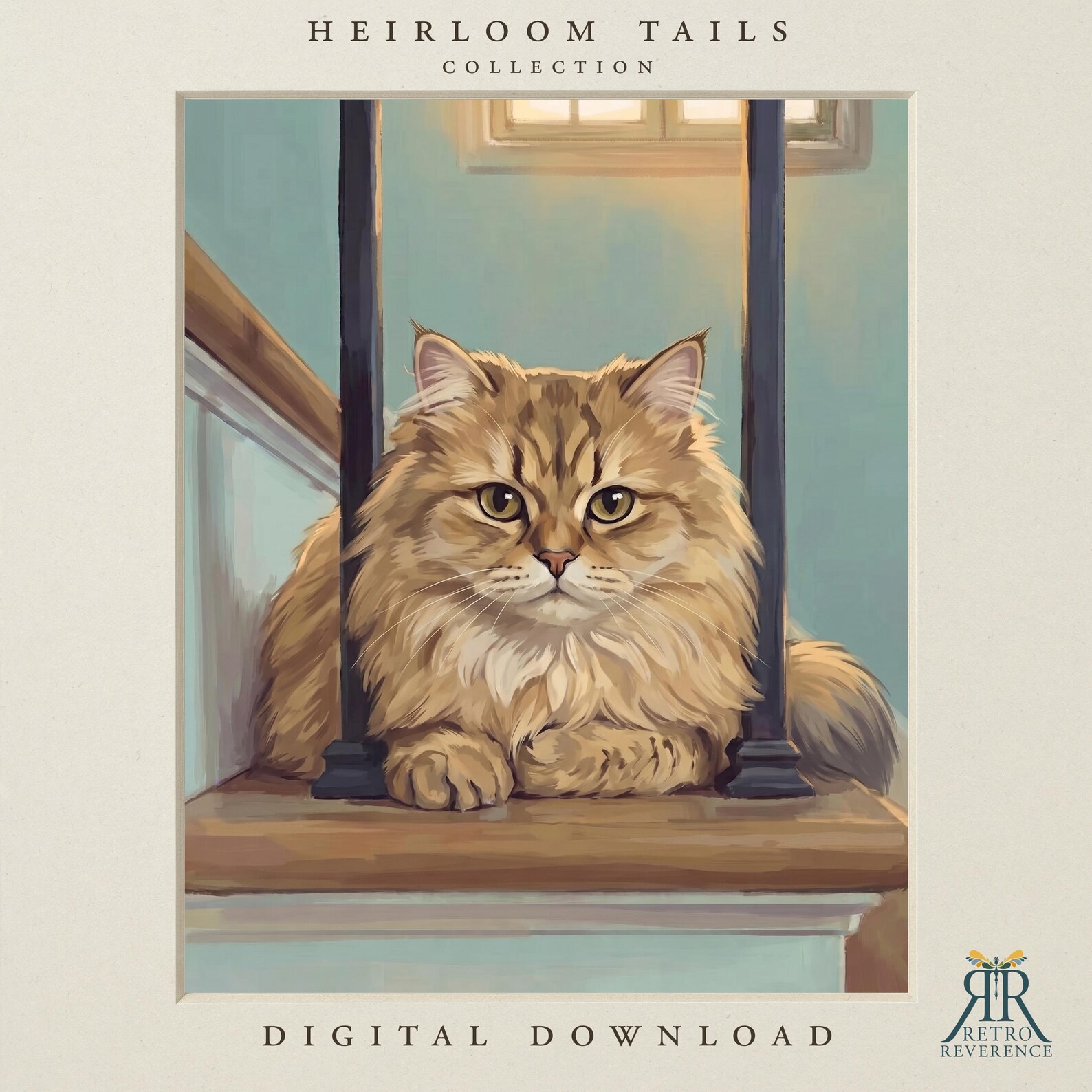 A different cat keeping watch from the same wooden stairway scene — another example of the Watchful Stairway heirloom portrait